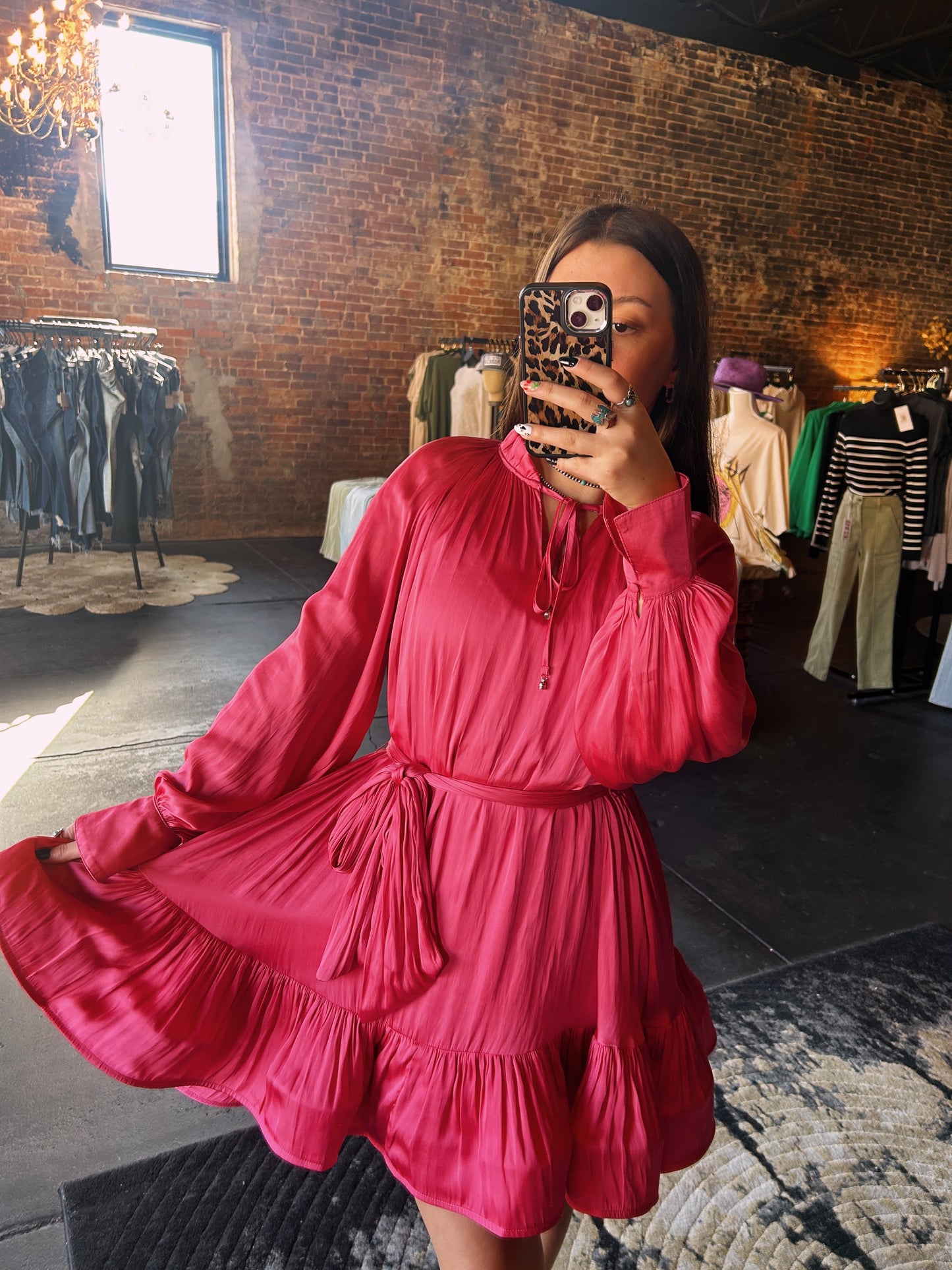 FATE - Ruffle Hem Tie Waist Satin Dress: Hot Pink