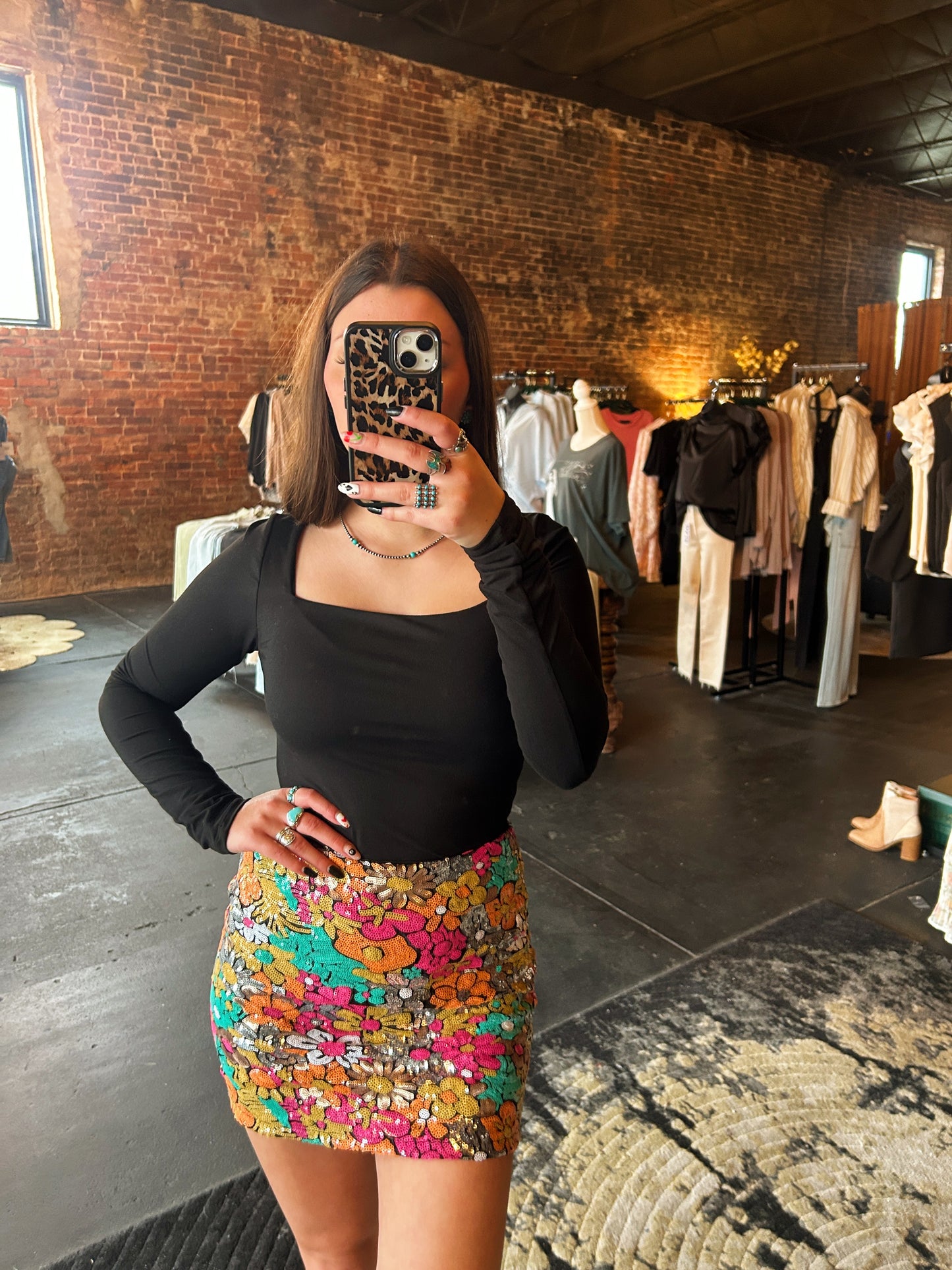 Floral Design Sequin Mini Skirt