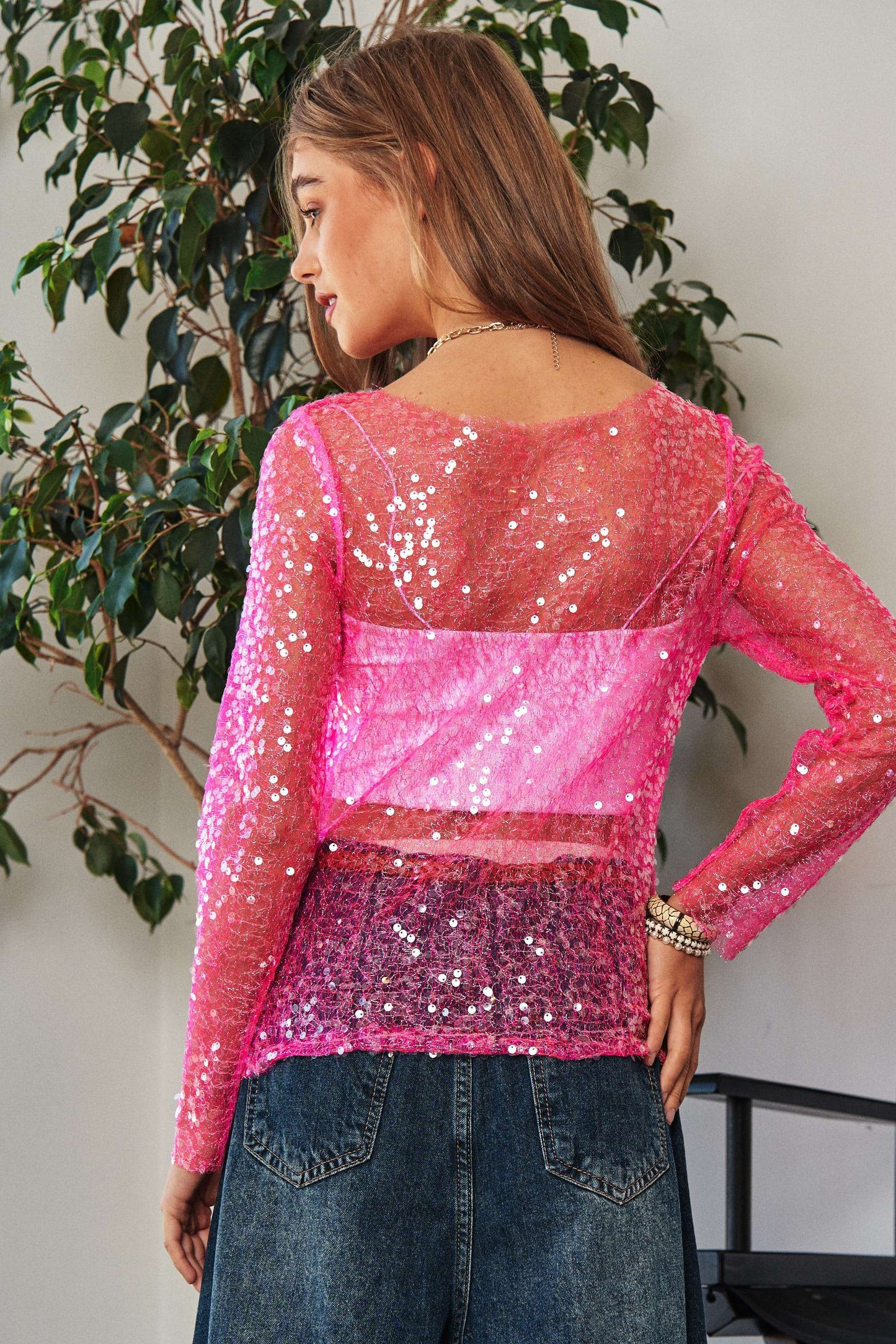 MESH LUREX  GLITTER SEQUIN LONG SLEEVE LACE TOP: