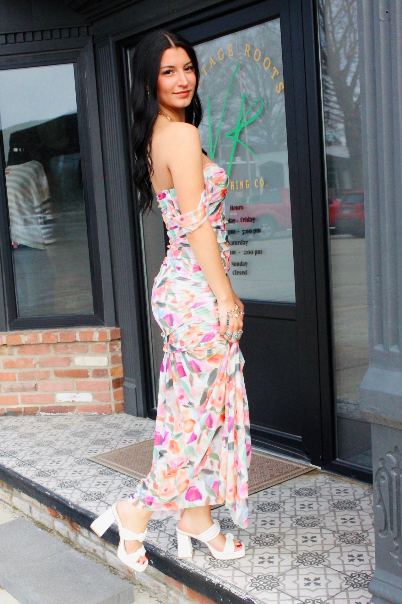 Floral Ruched Drop Waist Maxi Dress