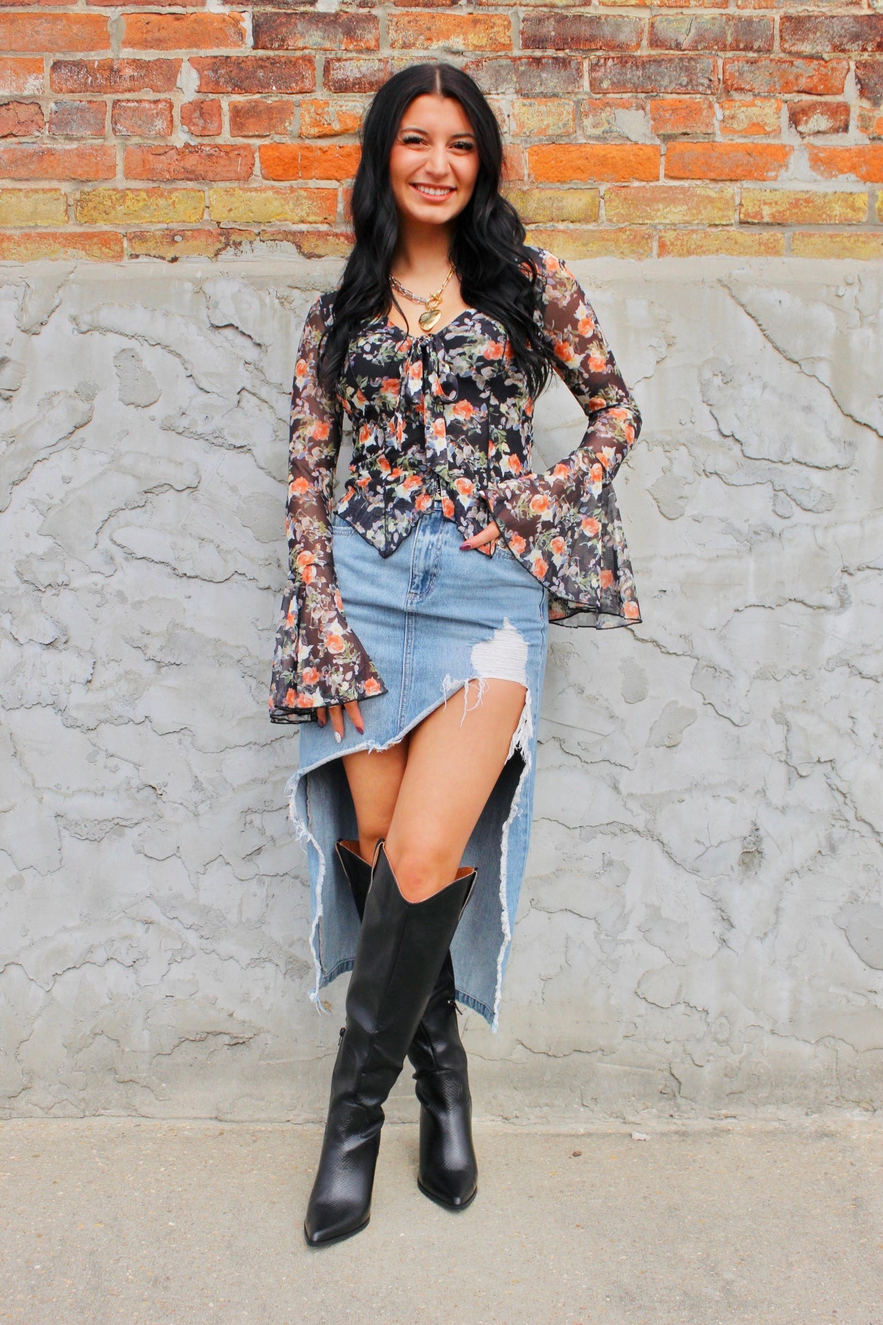 Floral Mesh Bell Sleeve Top
