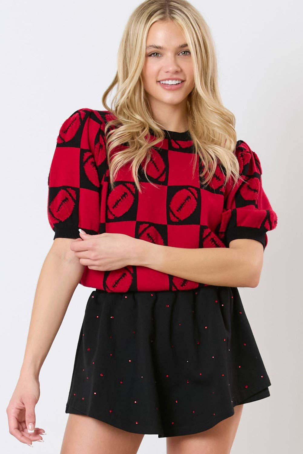 Liam & Company - Football Checkered Puff Sleeve Top : Red / S