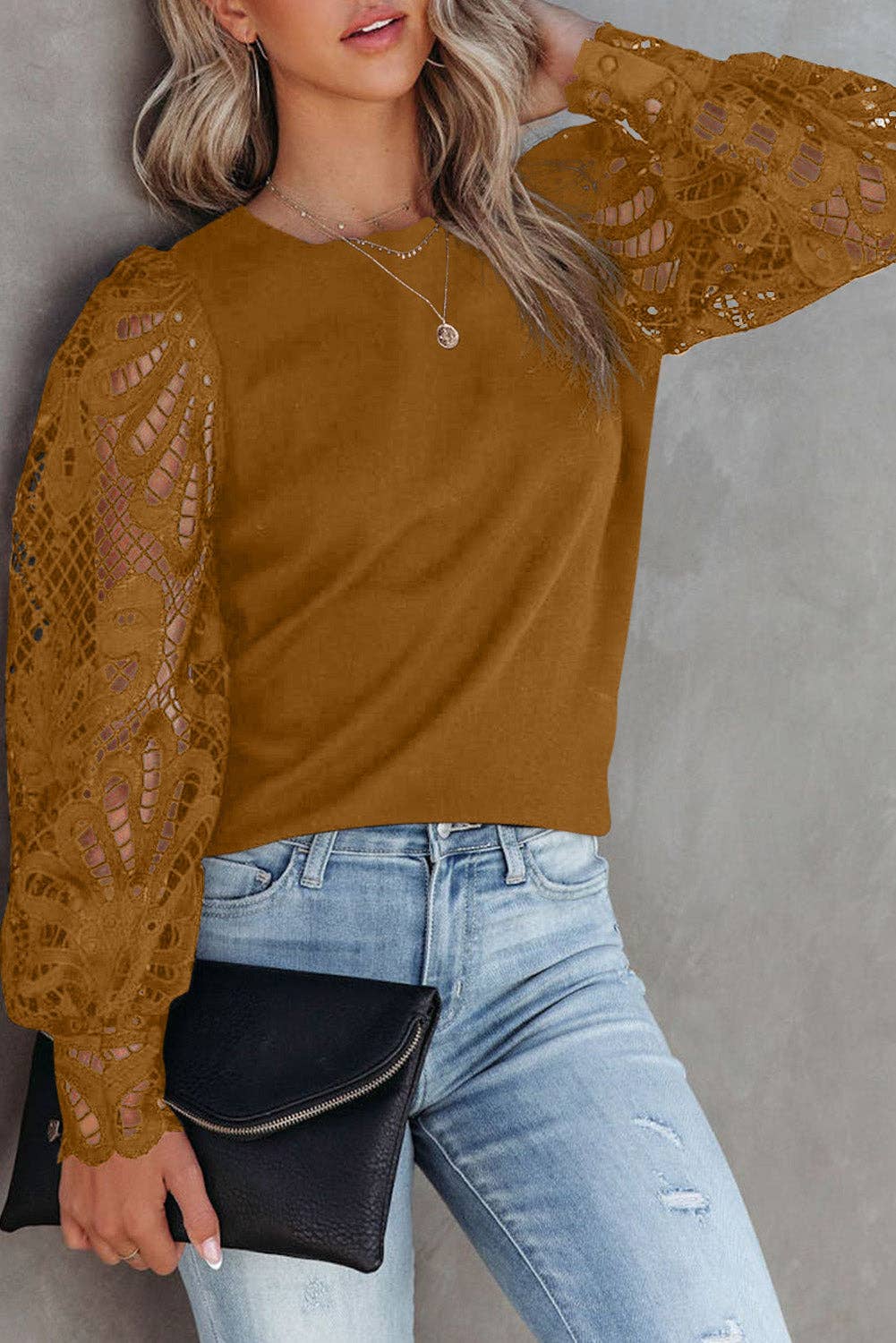 FULL TIME PURCHASE - Crochet Sleeve Crew Neck Blouse: