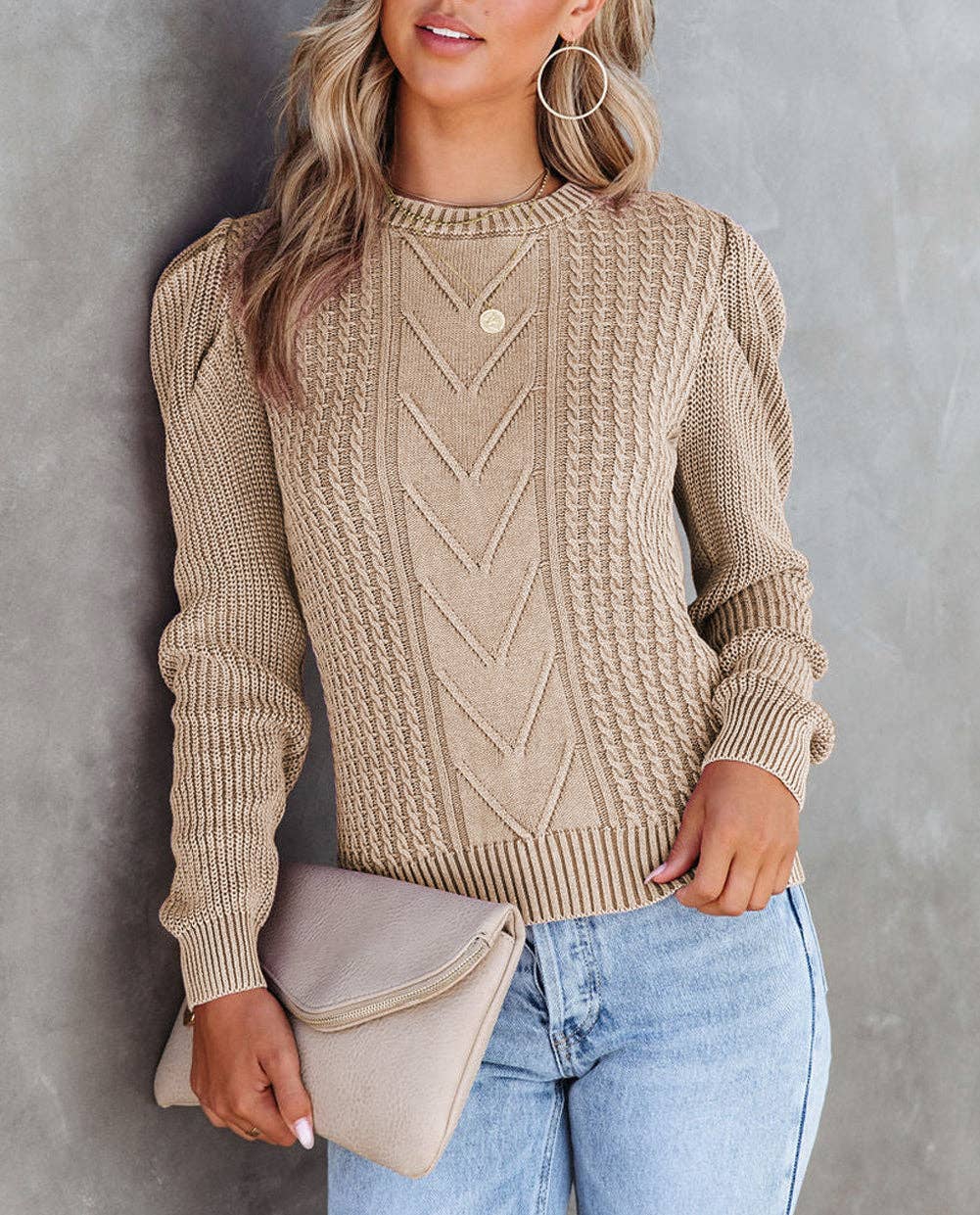 FULL TIME PURCHASE - Cable Ribbed Knit Mix Pattern Puff Sleeve Sweater: M / Apricot