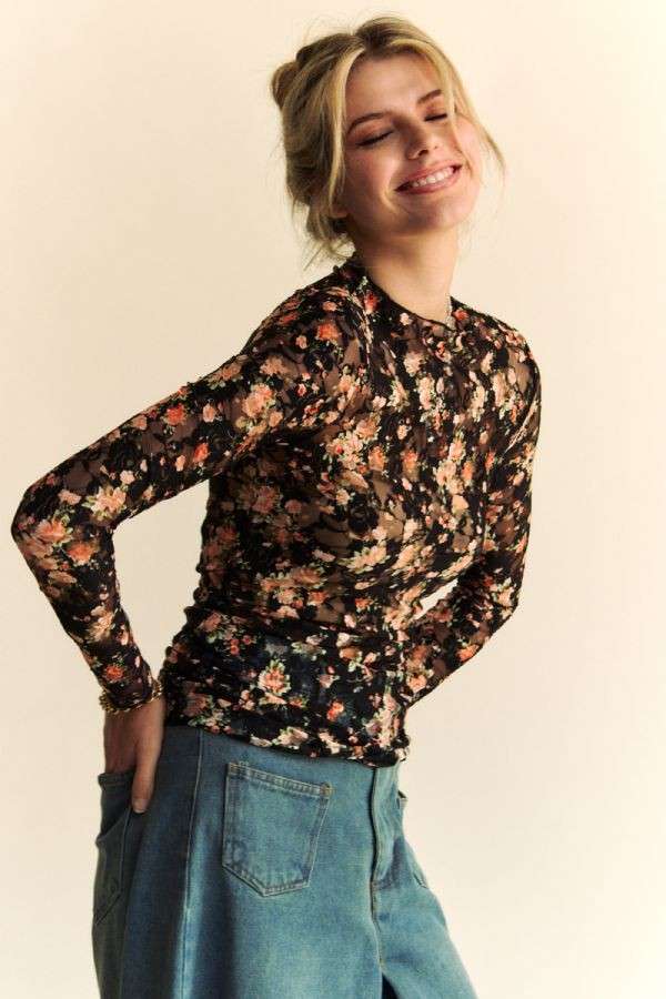 Davi & Dani - FLORAL PRINT MESH LONG SLEEVE LAYERING TOP: BLACK/ORANGE