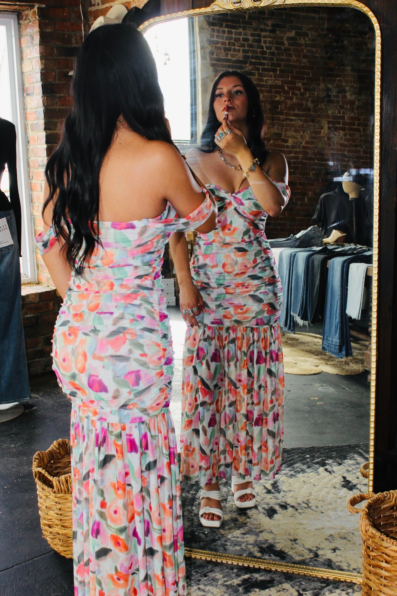 Floral Ruched Drop Waist Maxi Dress