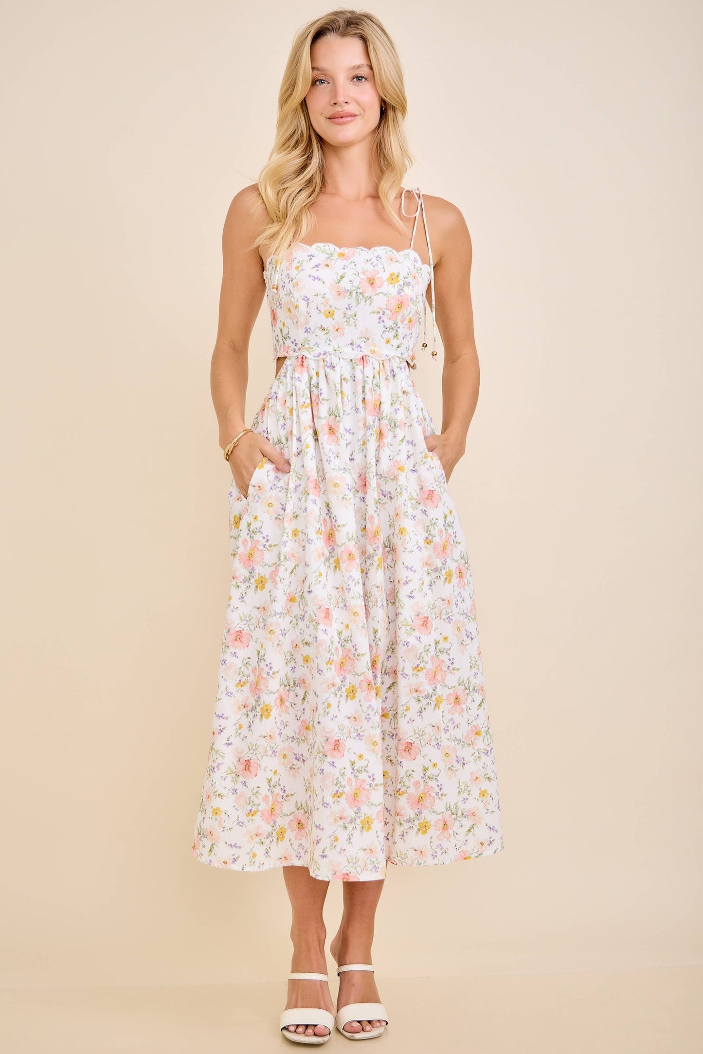 Main Strip - Scallop Edge Tie Shoulder Floral Midi Dress: WHITE MULTI FLORAL / L