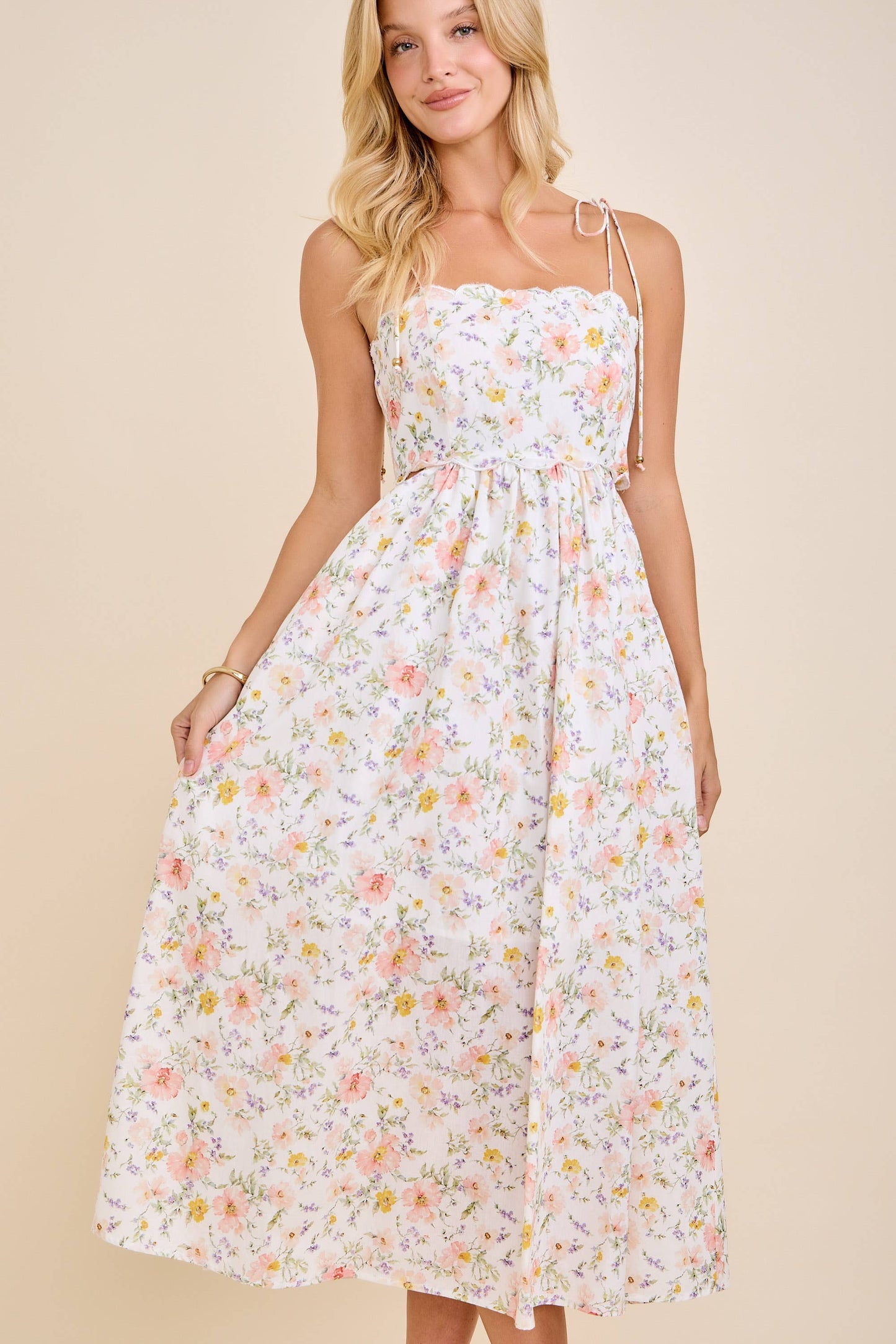 Main Strip - Scallop Edge Tie Shoulder Floral Midi Dress: WHITE MULTI FLORAL / M