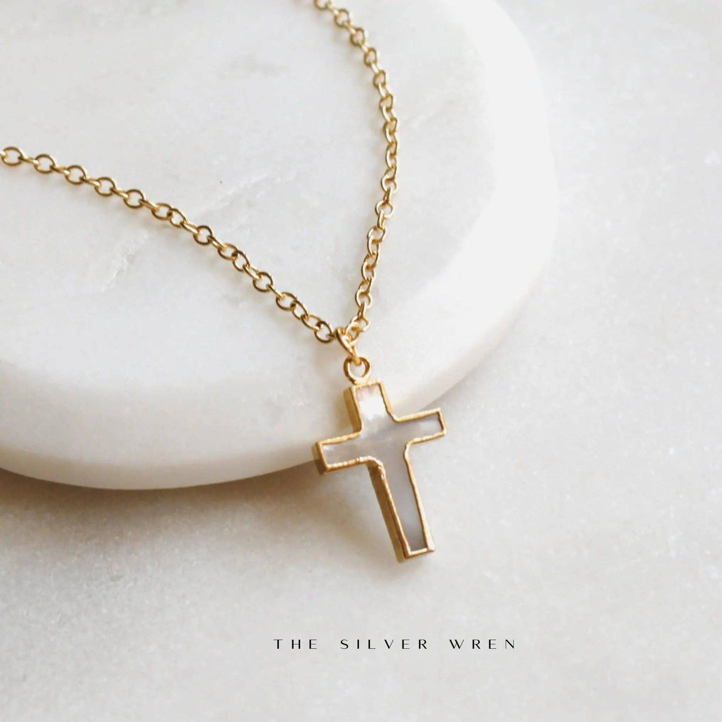 The Silver Wren - Mother of Pearl Cross Pendant Necklace: 18 inch