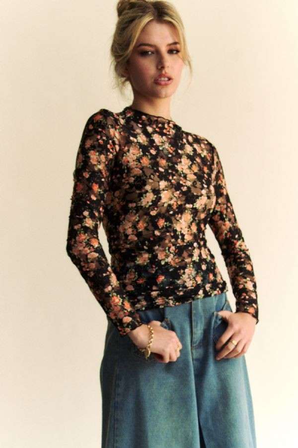 Davi & Dani - FLORAL PRINT MESH LONG SLEEVE LAYERING TOP: BLACK/ORANGE