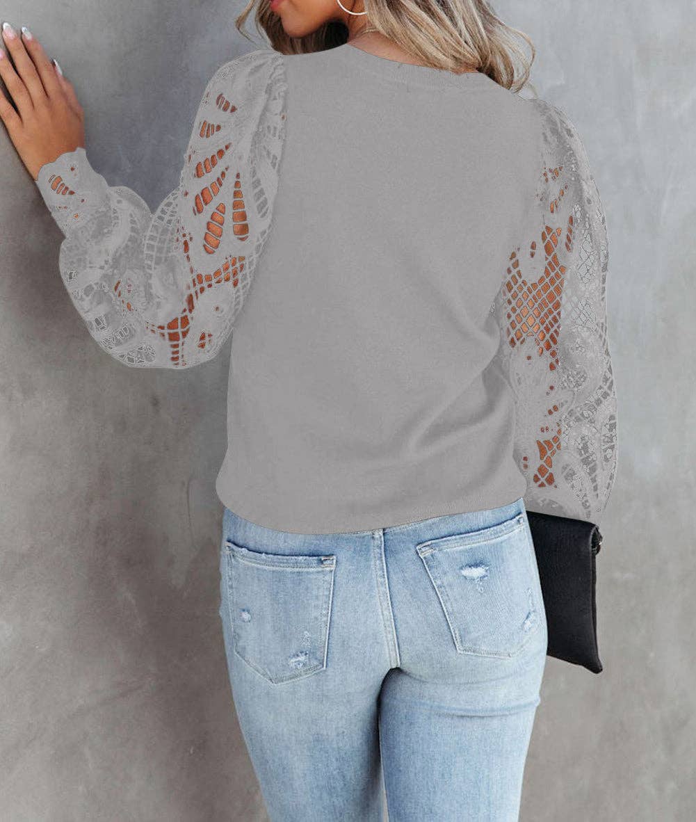 FULL TIME PURCHASE - Crochet Sleeve Crew Neck Blouse: