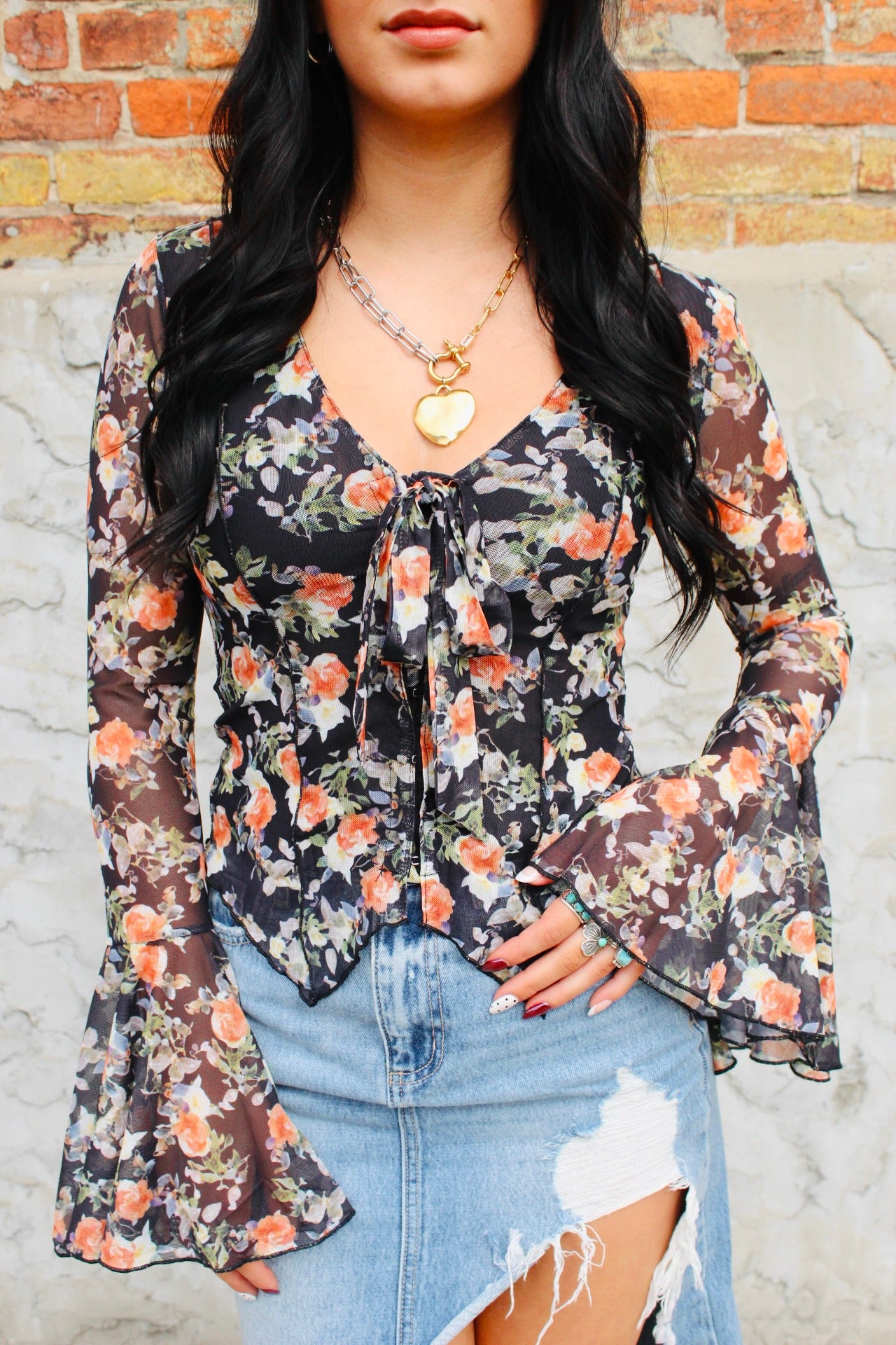 Floral Mesh Bell Sleeve Top