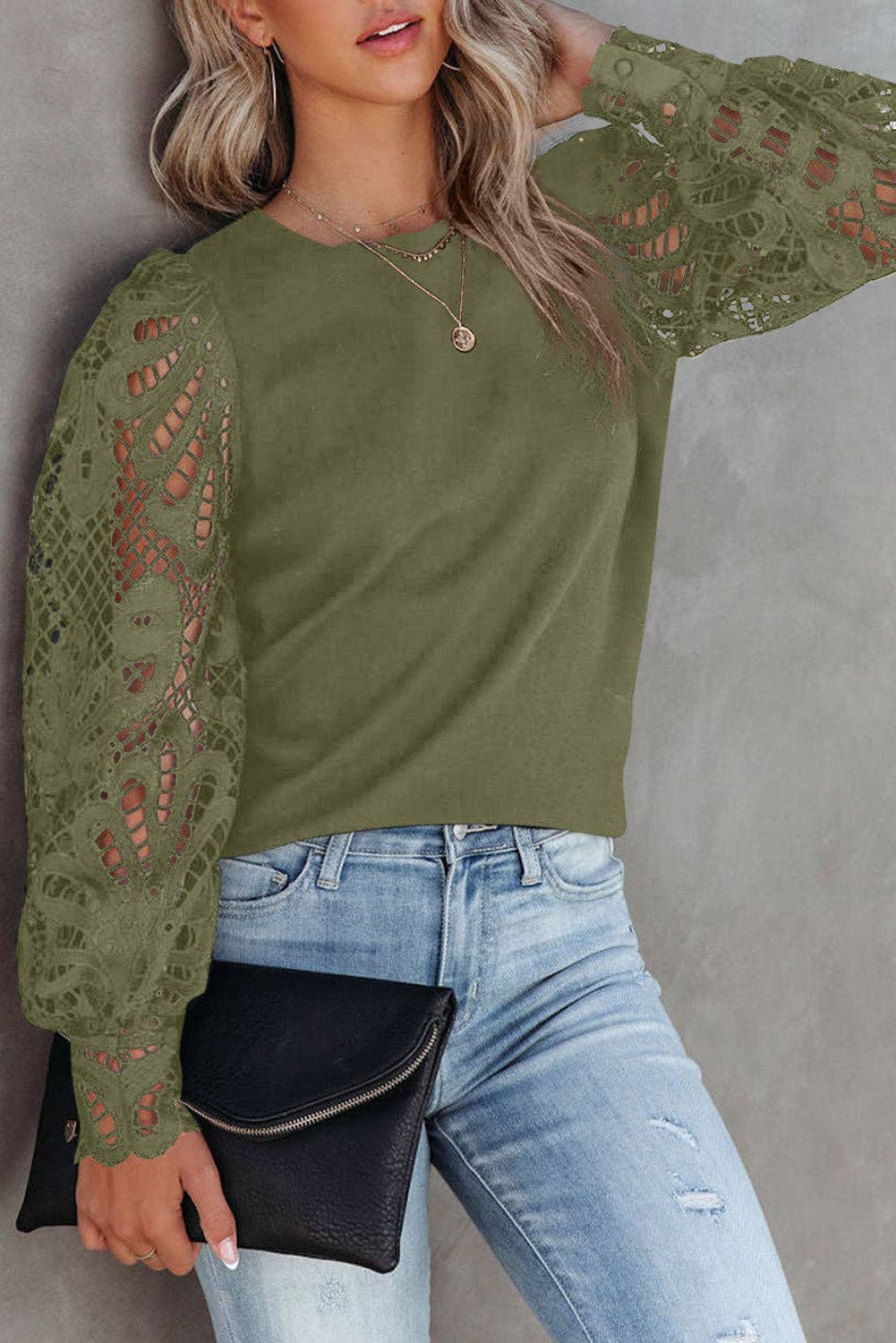 FULL TIME PURCHASE - Crochet Sleeve Crew Neck Blouse: