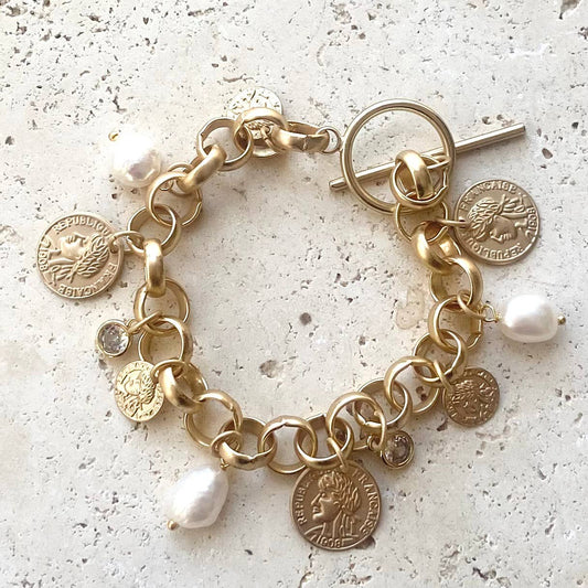 French Coin & Pearl Charm Bracelet