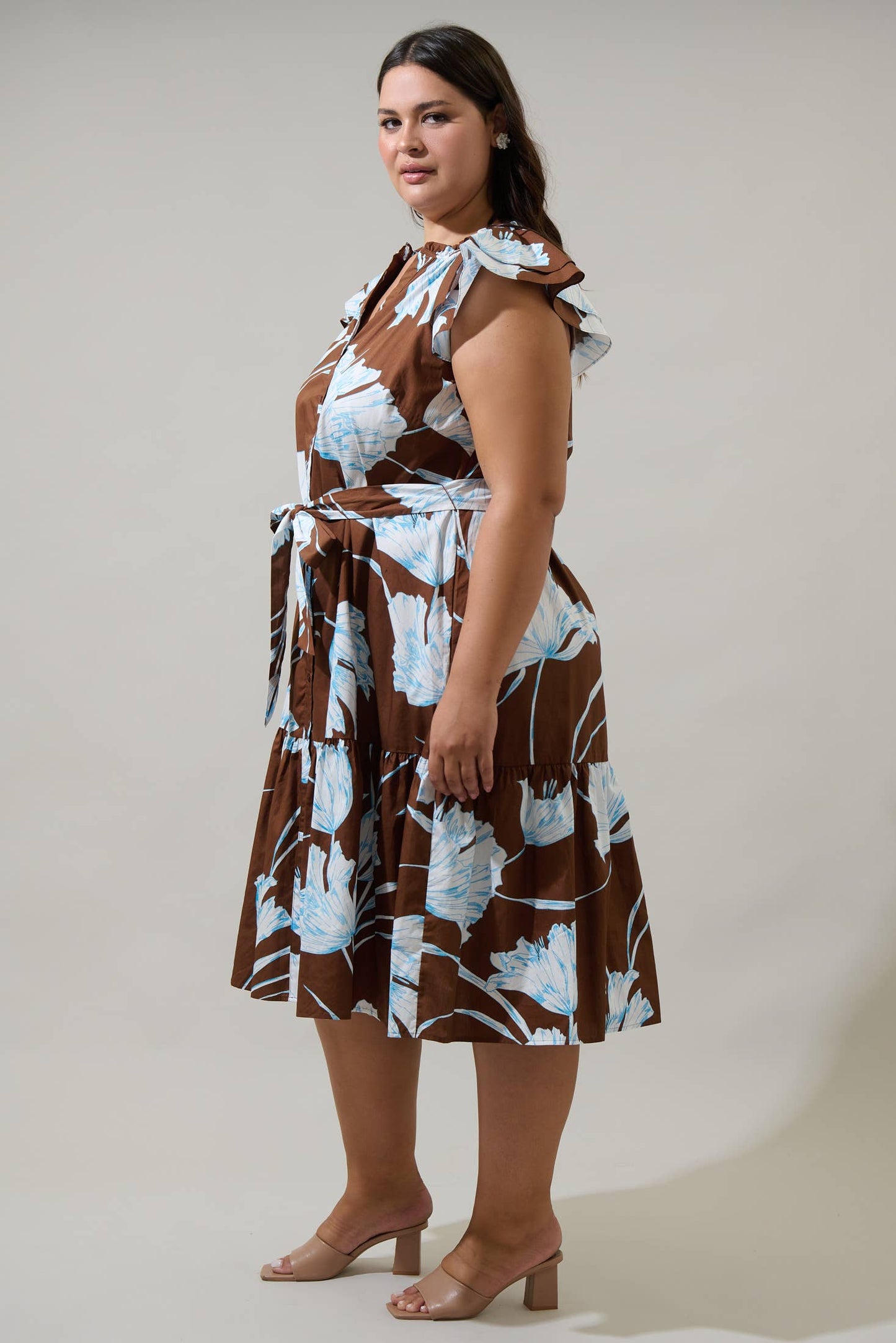 Floral Brown Button Midi Dress Curve