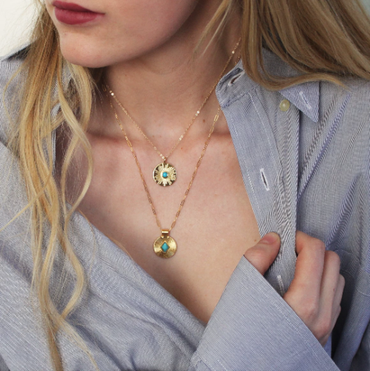 The Silver Wren - Turquoise and Gold Coin Necklaces: Pendant B 18 inch