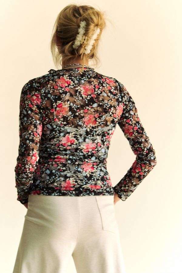 Davi & Dani - FLORAL PRINT MESH LONG SLEEVE LAYERING TOP: BLACK/ORANGE