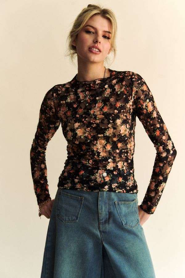 Davi & Dani - FLORAL PRINT MESH LONG SLEEVE LAYERING TOP: BLACK/ORANGE