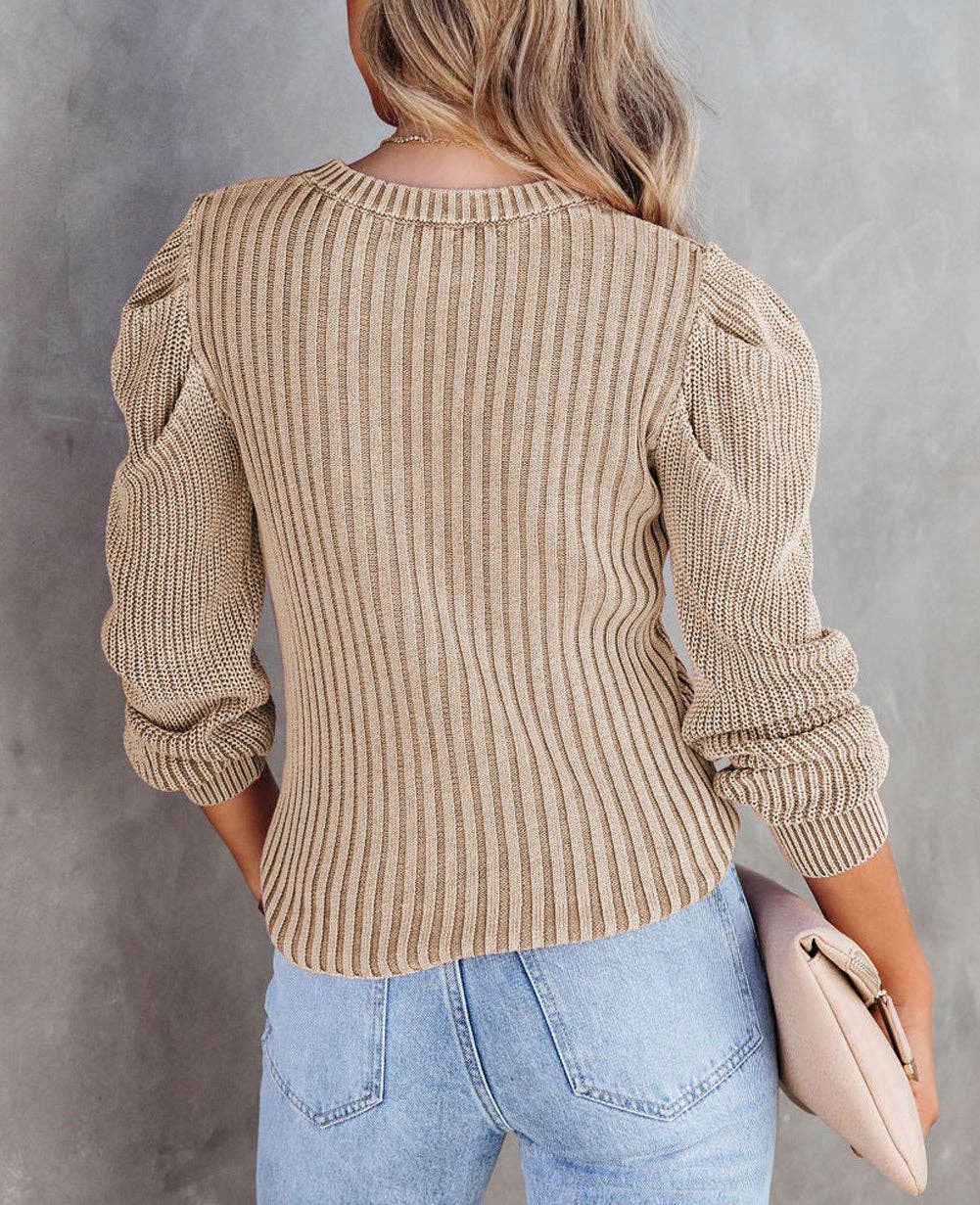 FULL TIME PURCHASE - Cable Ribbed Knit Mix Pattern Puff Sleeve Sweater: M / Apricot