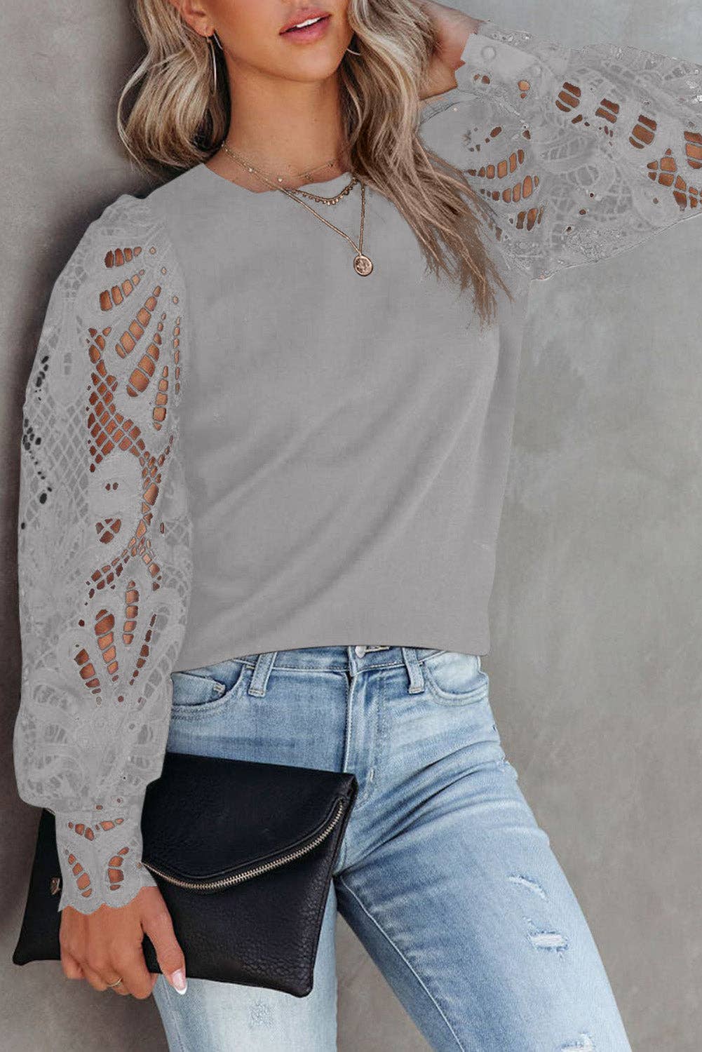 FULL TIME PURCHASE - Crochet Sleeve Crew Neck Blouse: