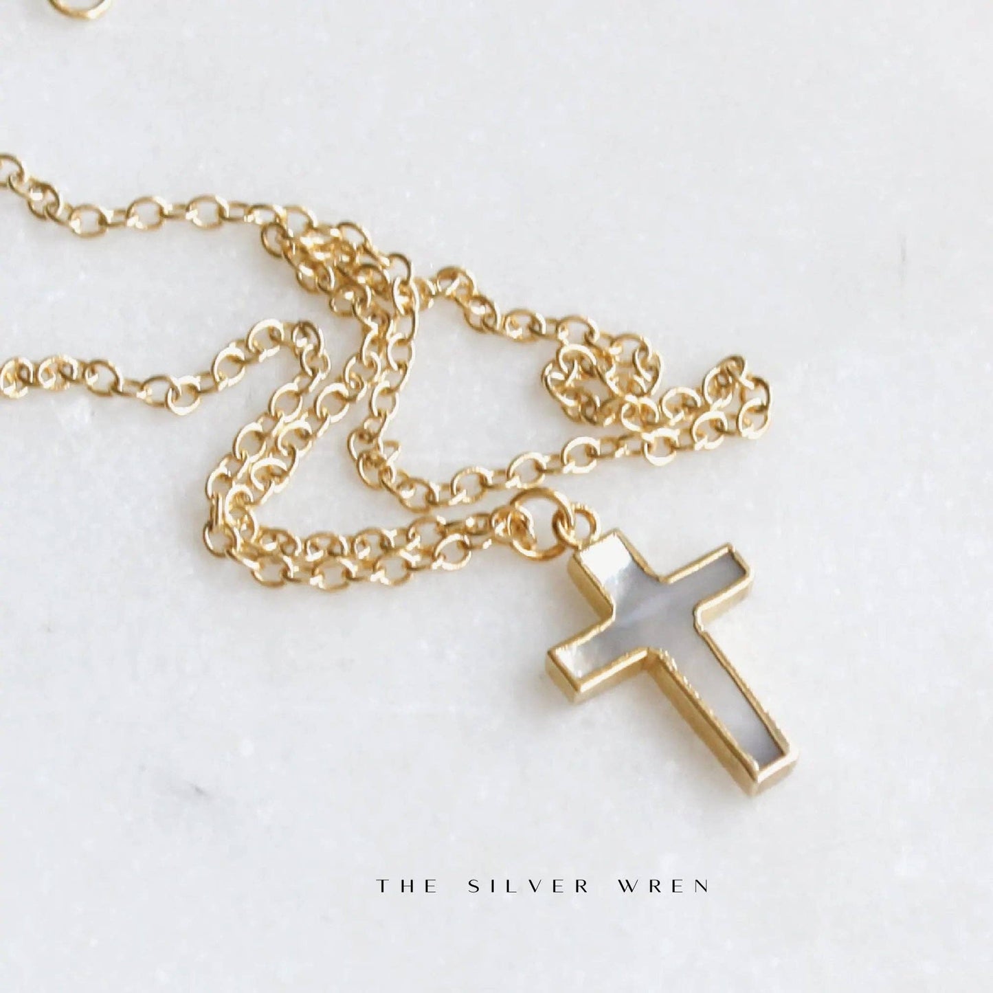 The Silver Wren - Mother of Pearl Cross Pendant Necklace: 18 inch