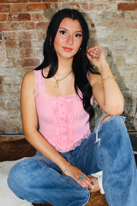 Lace Trim Corset Bubblegum Pink