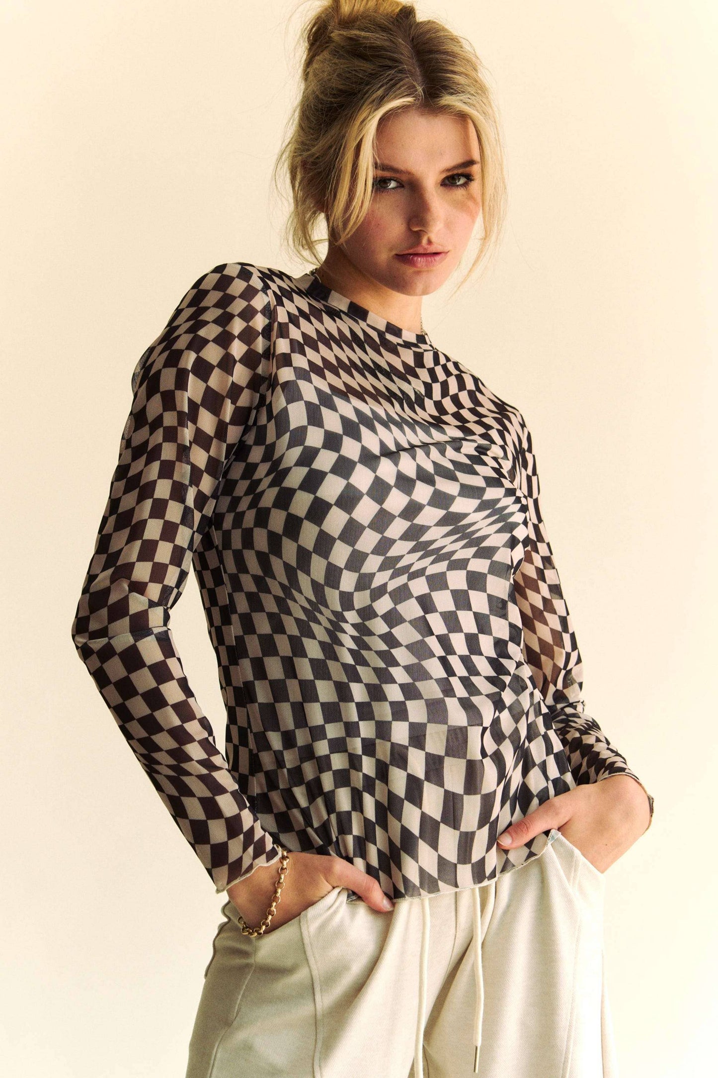 Davi & Dani - CHECKER BOARD MESH LAYERING SEE THROUGH TOP: IVORY TAUPE