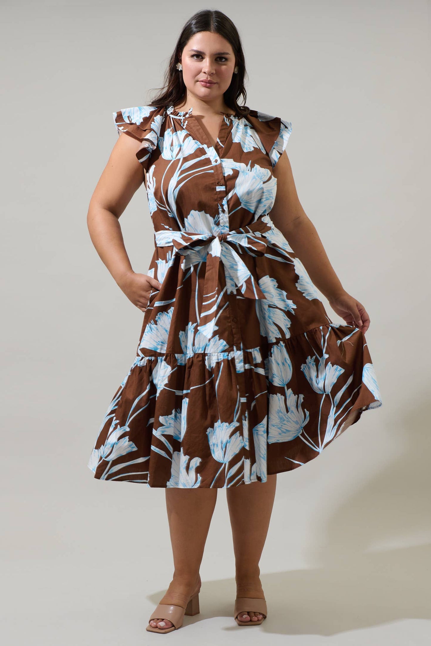 Floral Brown Button Midi Dress Curve