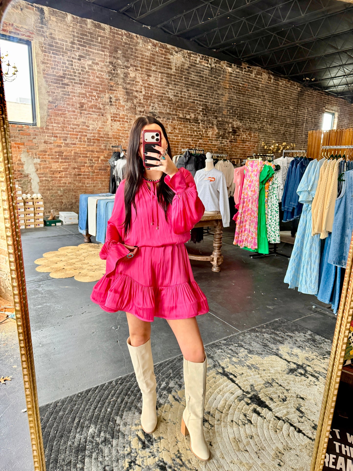 FATE -  Ruffle Hem Tie Waist Satin Dress: Hot Pink