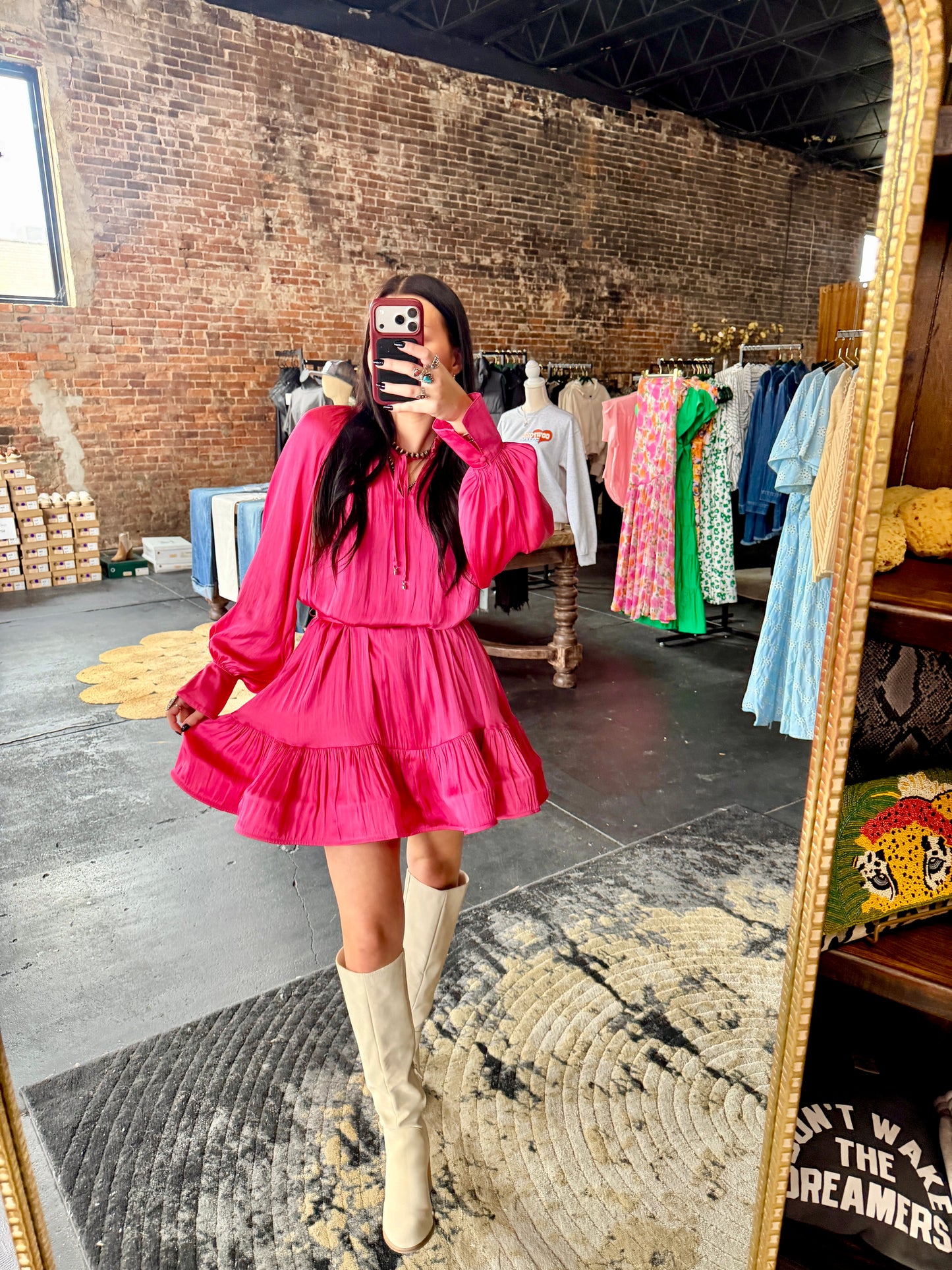 FATE -  Ruffle Hem Tie Waist Satin Dress: Hot Pink