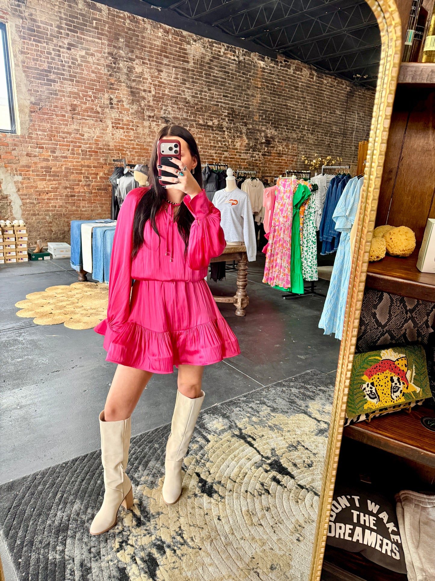 FATE -  Ruffle Hem Tie Waist Satin Dress: Hot Pink