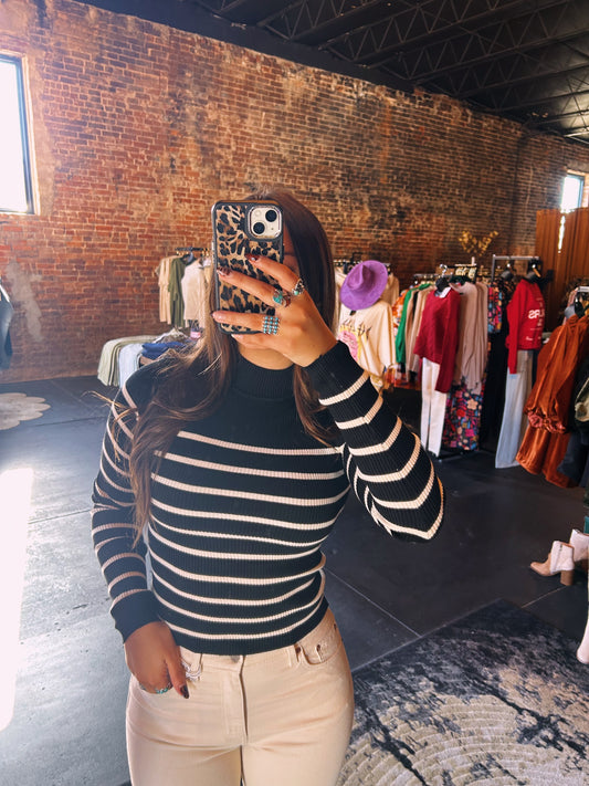 Fitted Mock Neck Striped Top