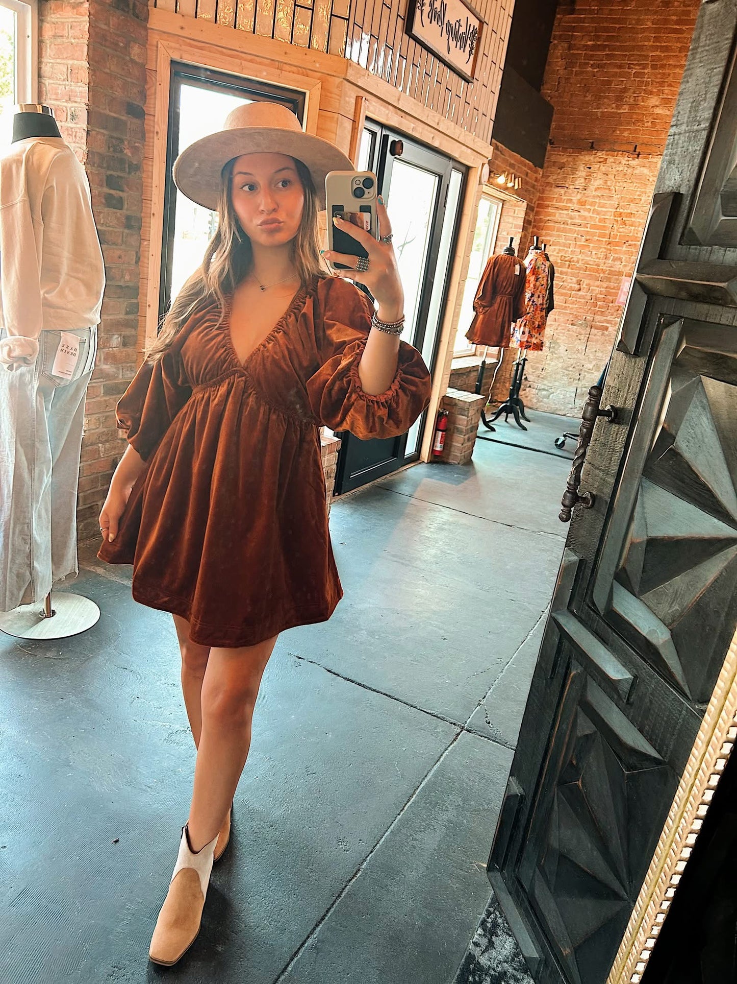 Velvet Puff Sleeve Dress Rust