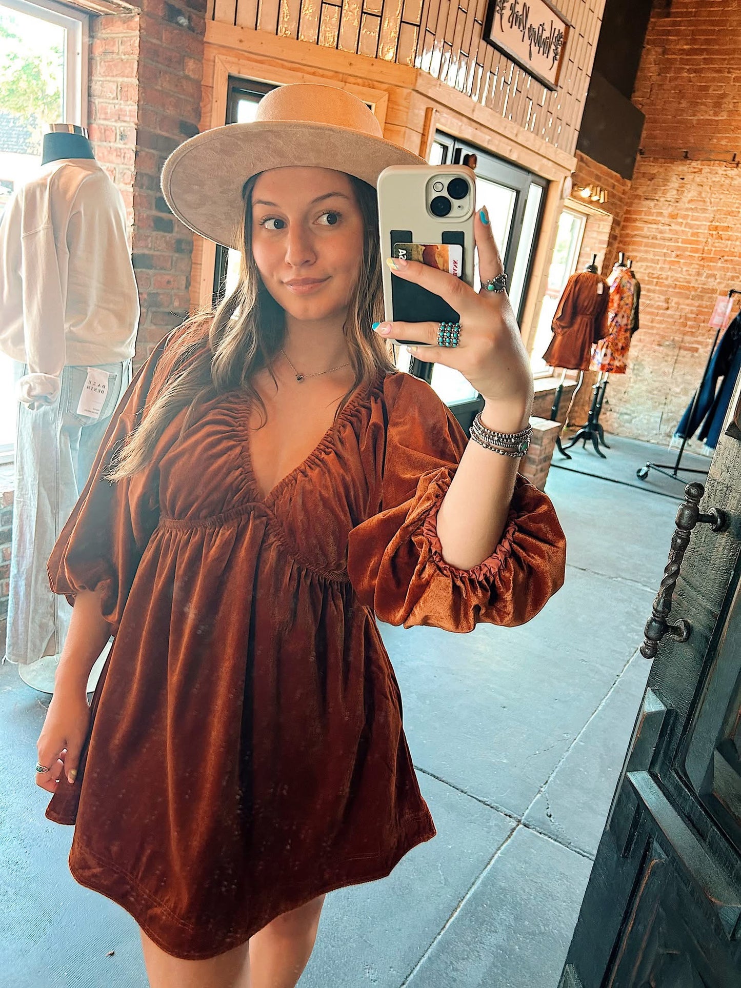 Velvet Puff Sleeve Dress Rust