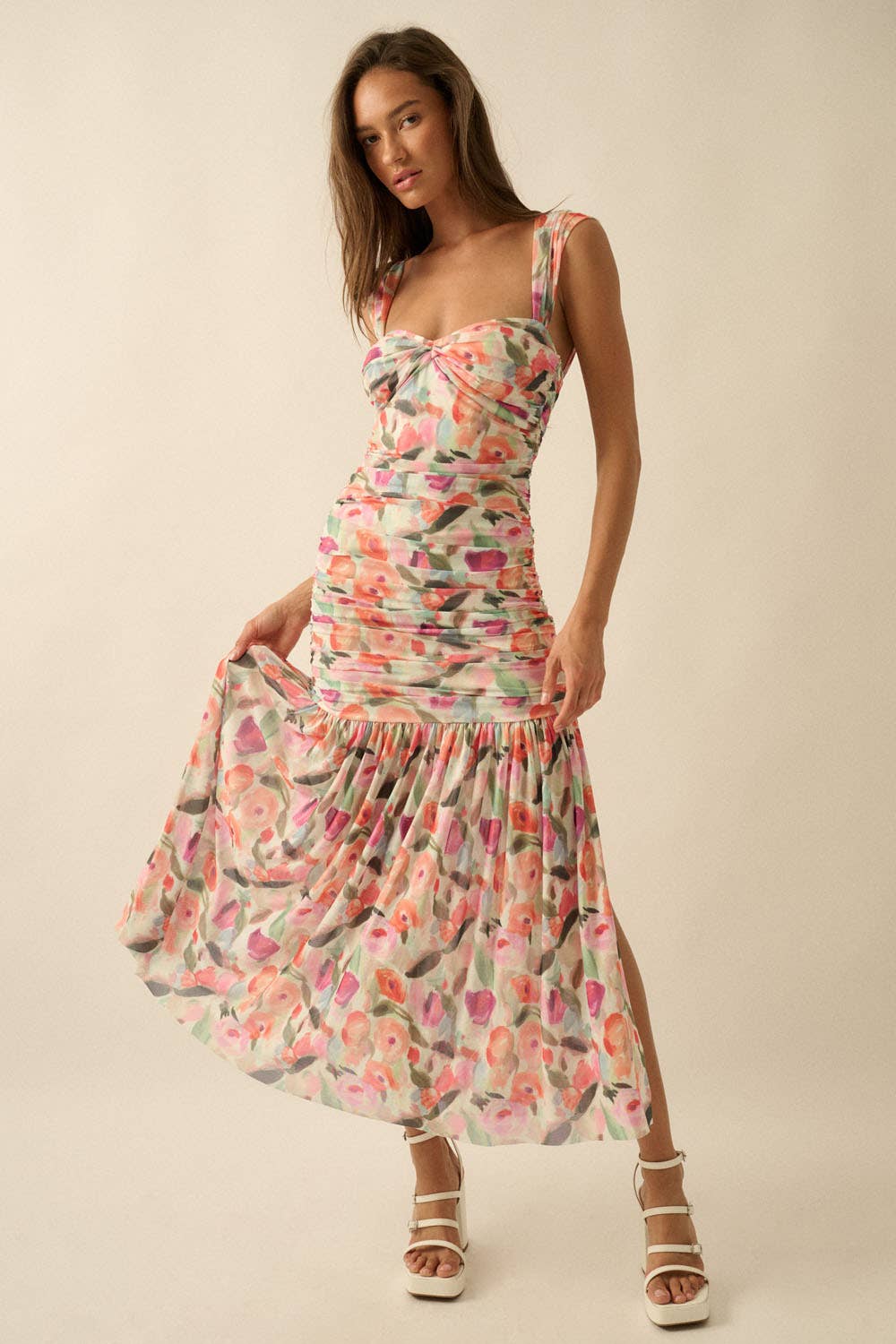 Floral Ruched Drop Waist Maxi Dress