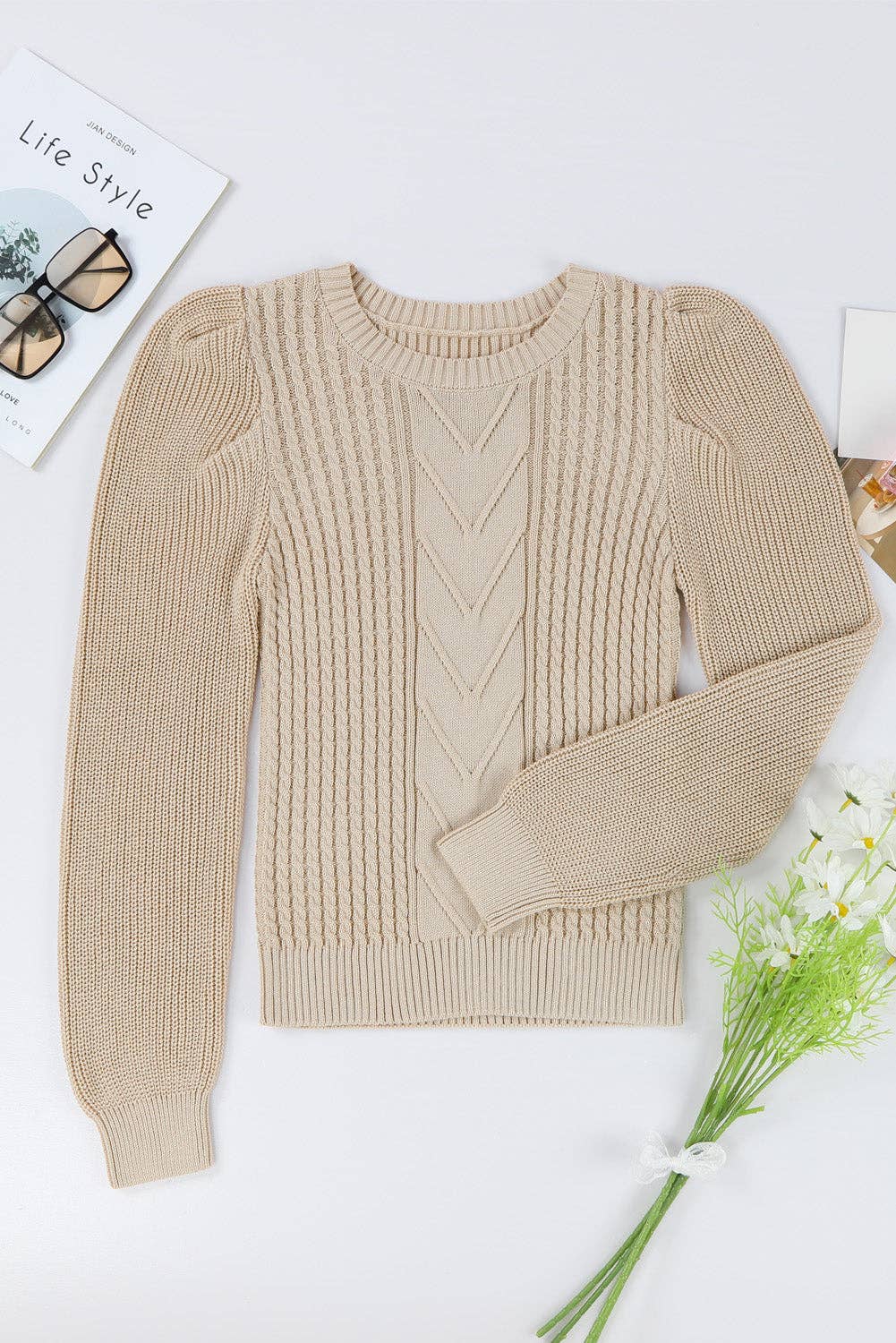 FULL TIME PURCHASE - Cable Ribbed Knit Mix Pattern Puff Sleeve Sweater: M / Apricot