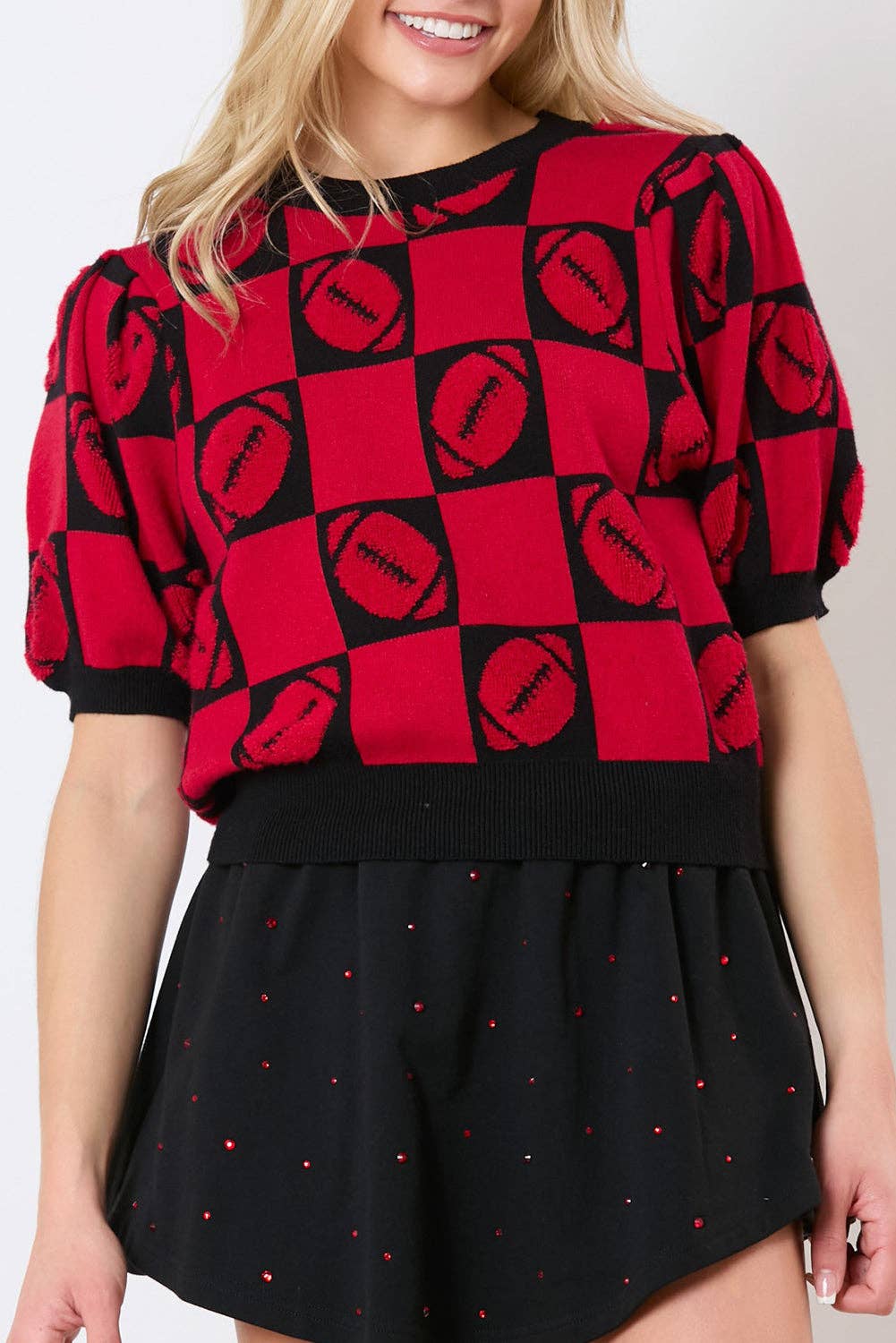 Liam & Company - Football Checkered Puff Sleeve Top : Red / S