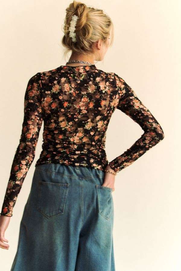 Davi & Dani - FLORAL PRINT MESH LONG SLEEVE LAYERING TOP: BLACK/ORANGE