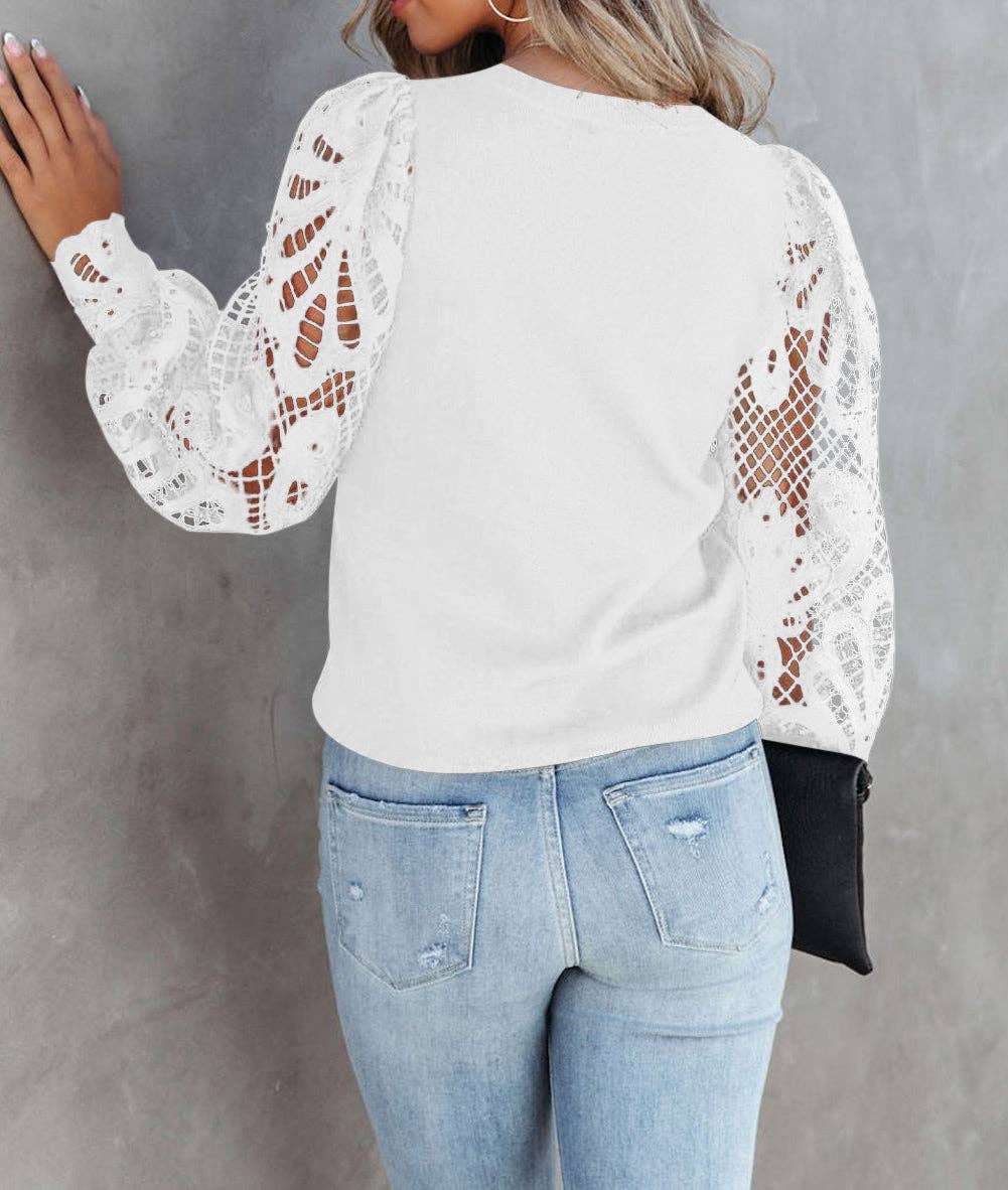 FULL TIME PURCHASE - Crochet Sleeve Crew Neck Blouse: