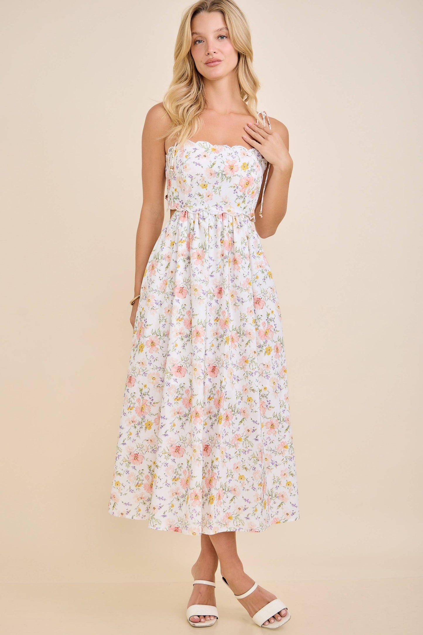 Main Strip - Scallop Edge Tie Shoulder Floral Midi Dress: WHITE MULTI FLORAL / M