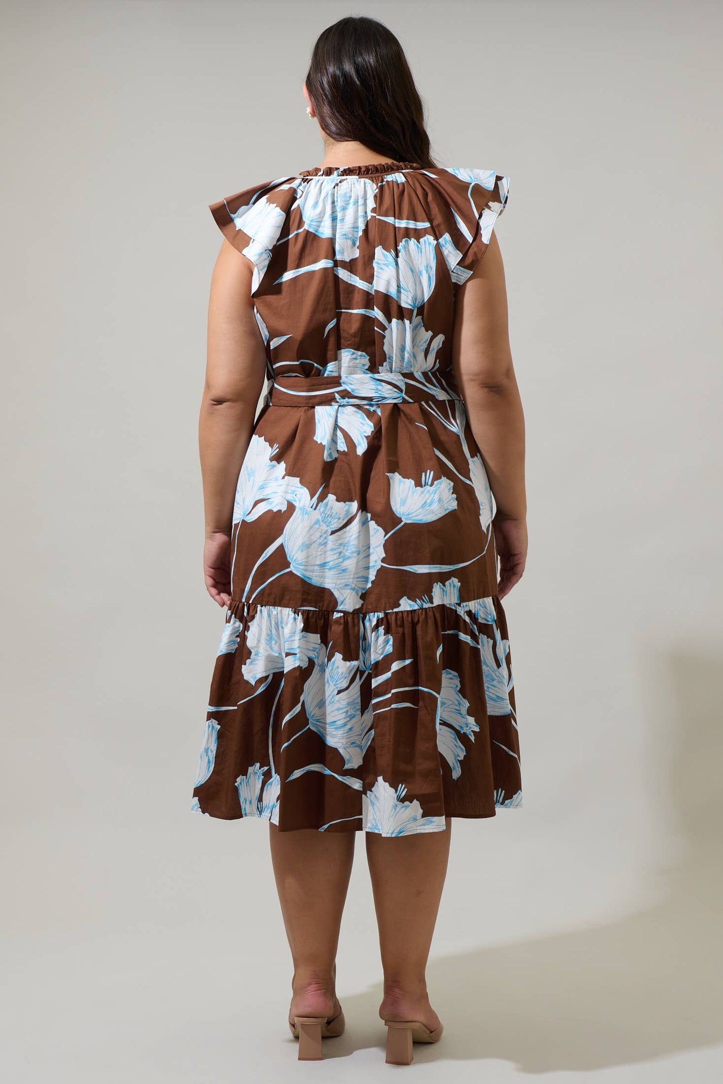 Floral Brown Button Midi Dress Curve