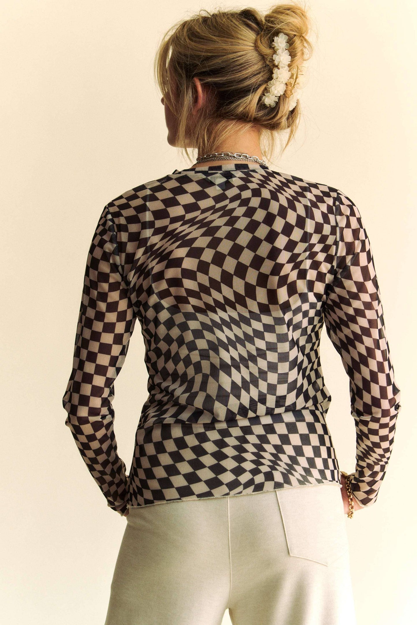 Davi & Dani - CHECKER BOARD MESH LAYERING SEE THROUGH TOP: IVORY TAUPE