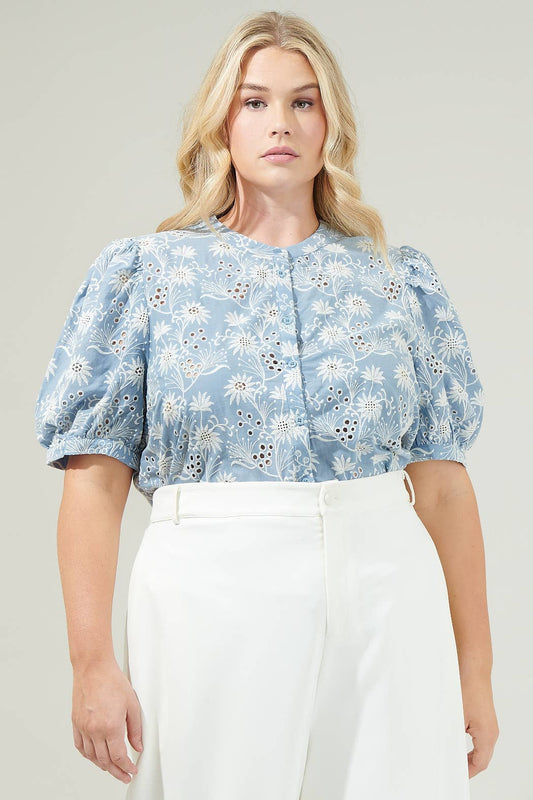 Eyelet Button Down Blouse Light Blue