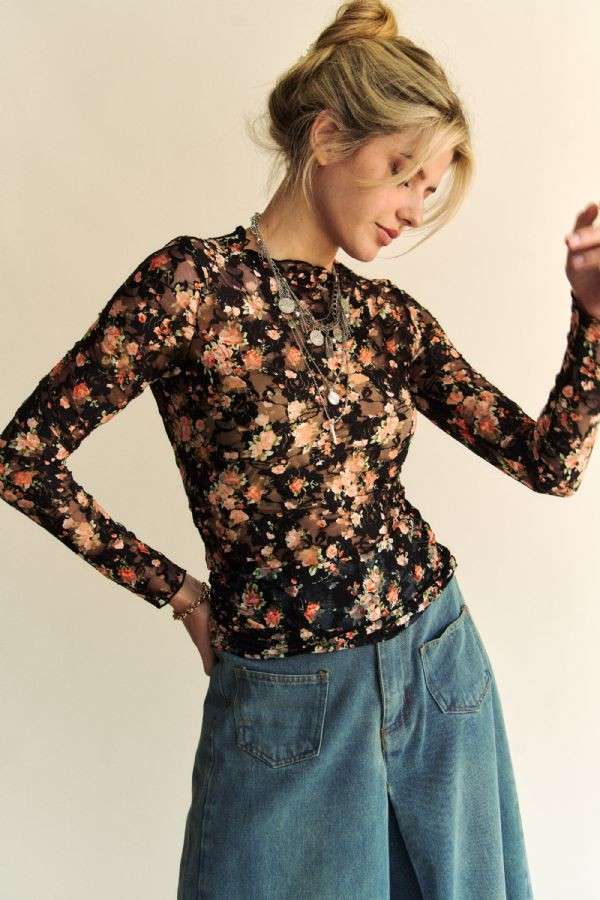 Davi & Dani - FLORAL PRINT MESH LONG SLEEVE LAYERING TOP: BLACK/ORANGE