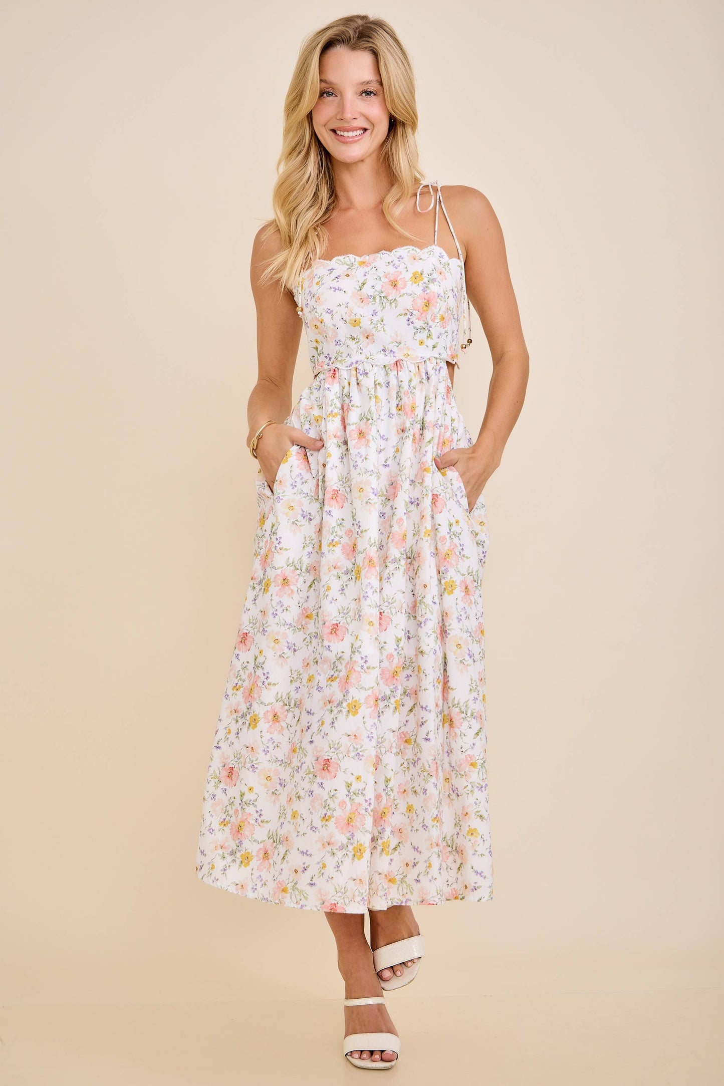 Main Strip - Scallop Edge Tie Shoulder Floral Midi Dress: WHITE MULTI FLORAL / S