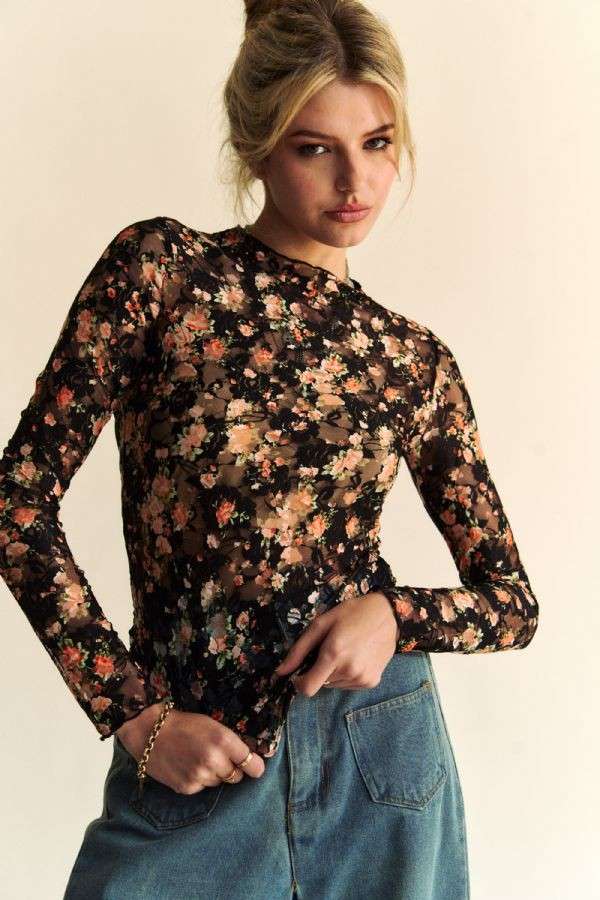 Davi & Dani - FLORAL PRINT MESH LONG SLEEVE LAYERING TOP: BLACK/ORANGE