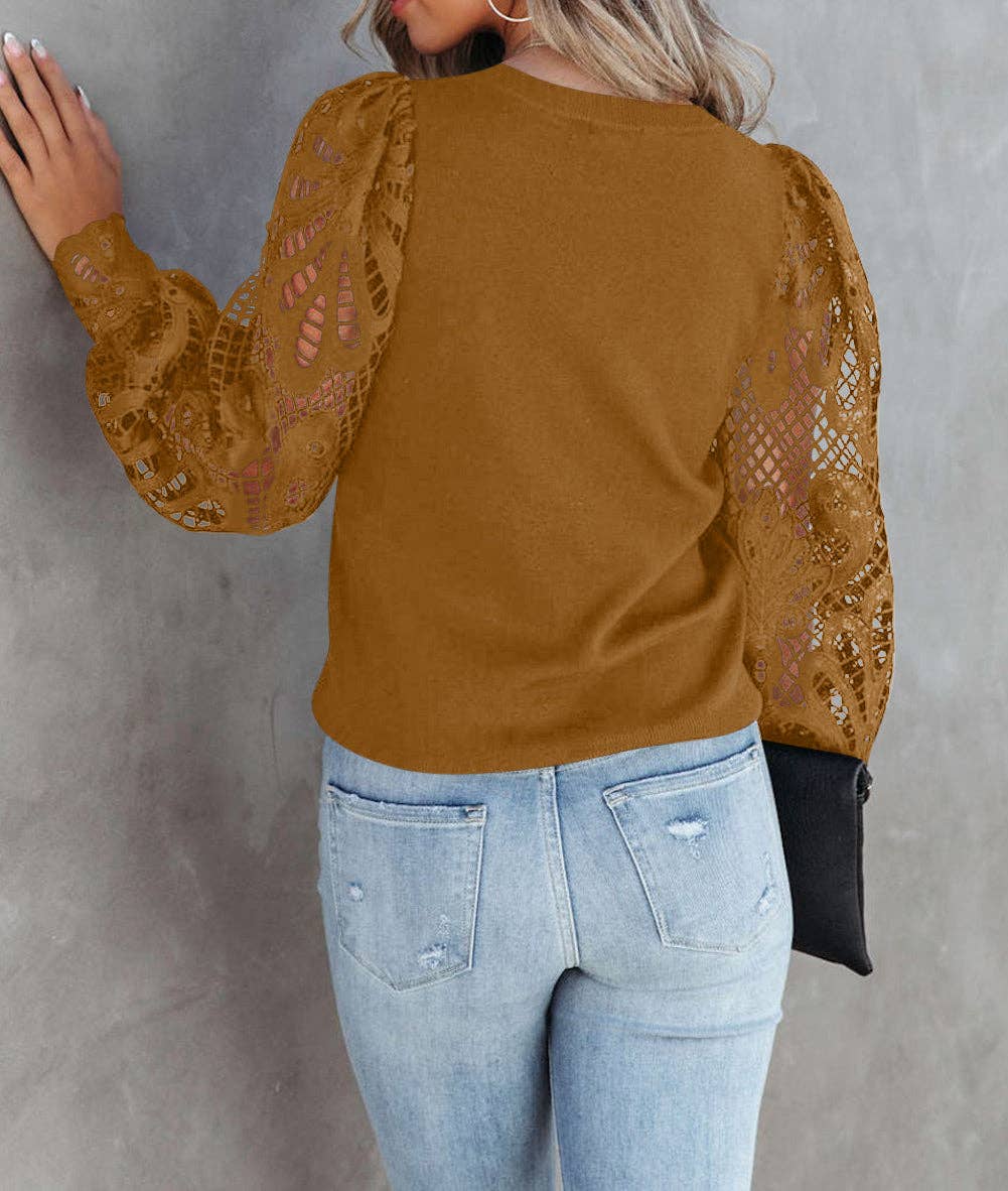 FULL TIME PURCHASE - Crochet Sleeve Crew Neck Blouse: