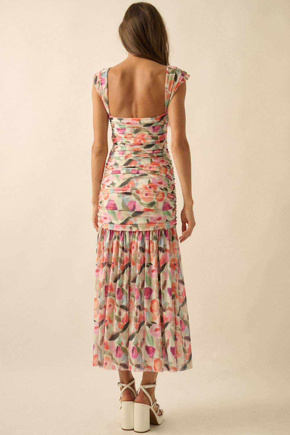 Floral Ruched Drop Waist Maxi Dress