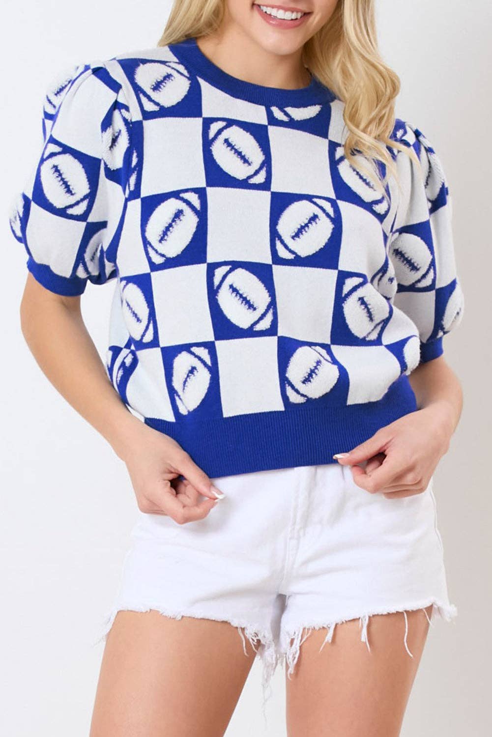 Liam & Company - Football Checkered Puff Sleeve Top : Red / S