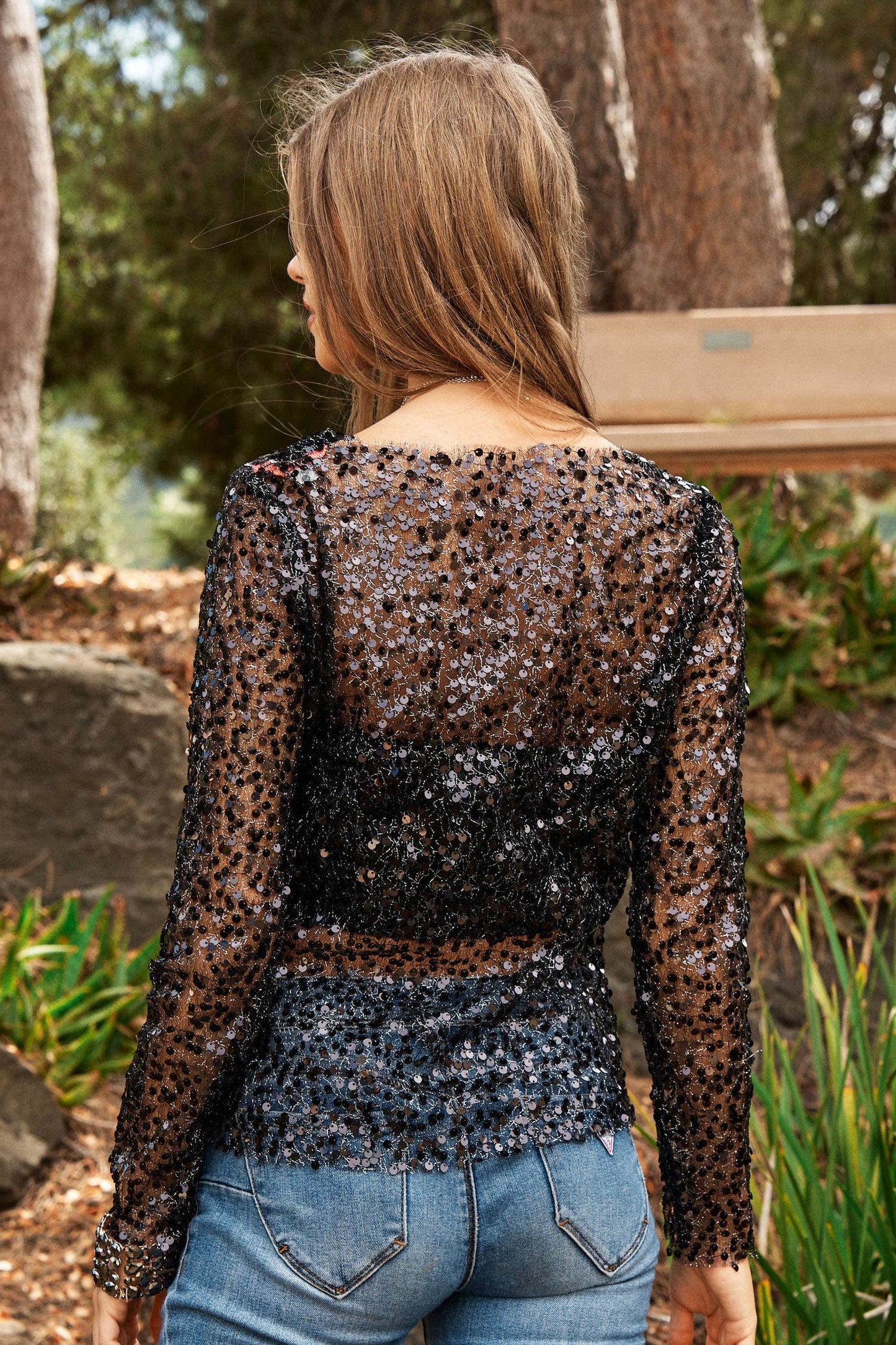 MESH LUREX  GLITTER SEQUIN LONG SLEEVE LACE TOP: